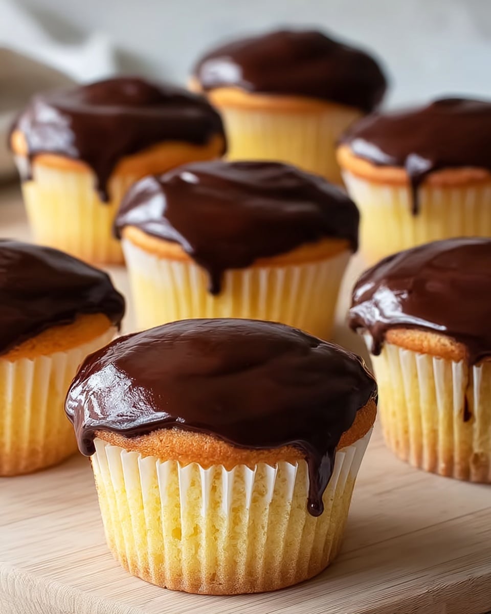 The image shows a single vanilla cupcake with three layers: a light golden cake base, a thick creamy white filling in the middle, and a shiny dark chocolate frosting layer on top that has a smooth but slightly wavy texture. The cupcake wrapper is peeled back and placed on a plain white plate with a few crumbs around it. In the background, there are two more cupcakes, one blurred on the left and a white bowl filled with chocolate frosting on the right, all set on a white marbled surface. photo taken with an iphone --ar 4:5 --v 7