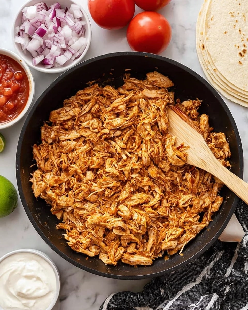 A black pan filled with a single layer of shredded cooked chicken, orange-brown in color with visible seasoning and small bits of onions, has a wooden spatula resting inside it. Around the pan on a white marbled surface, there are small white bowls containing diced red onions, white sour cream, and red salsa, along with two whole red tomatoes, a half-cut lime, and a stack of white tortillas placed on the right side. A striped black and white cloth lies partially beneath the pan. Photo taken with an iphone --ar 4:5 --v 7