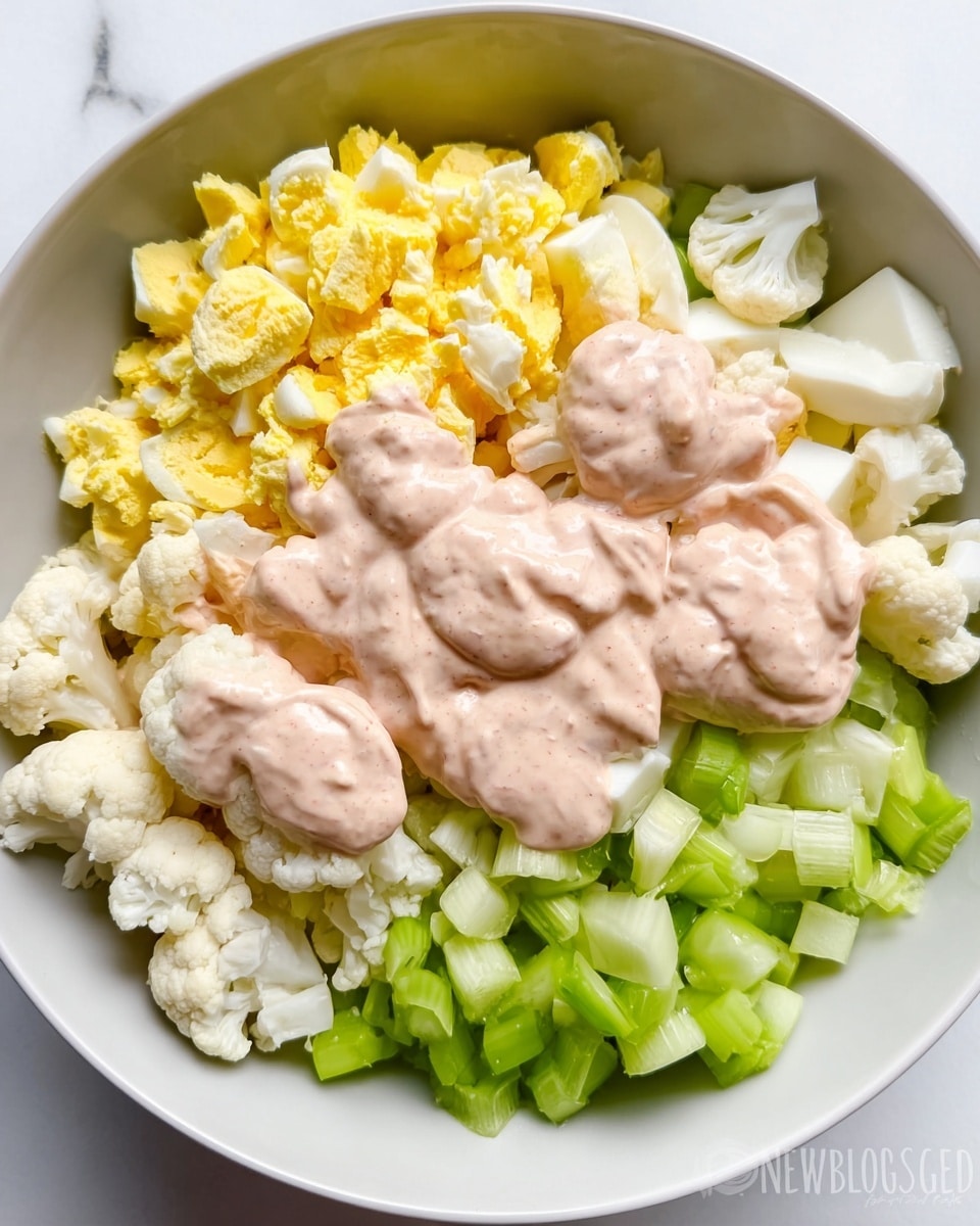 A white bowl holds a layered salad with finely chopped boiled eggs in bright yellow and white at the top left, small white cauliflower pieces at the bottom left, and fresh green celery cubes at the bottom right. On top, several dollops of creamy, pale pink dressing are spread over the cauliflower and eggs. The bowl sits on a white marbled surface. photo taken with an iphone --ar 4:5 --v 7