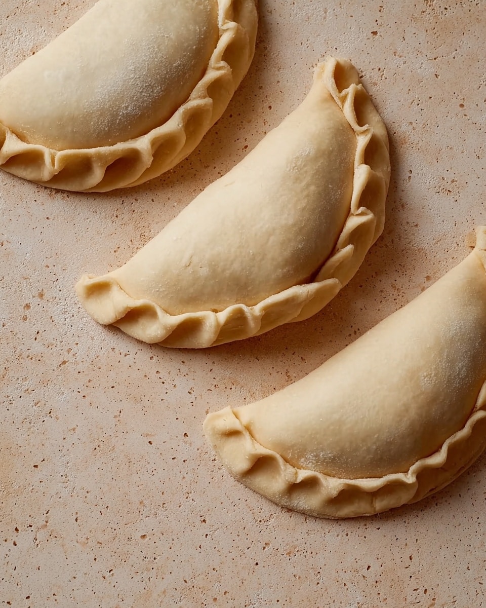 The image shows three raw, half-moon shaped dough pockets placed on a light brown speckled surface. Each dough pocket has a thick, folded edge with gentle pleats that seal the filling inside. The dough looks soft and smooth, with a slightly uneven texture and a pale beige color. The pockets are positioned with their curved edges facing upward and their flat sides resting on the surface. Photo taken with an iphone --ar 4:5 --v 7