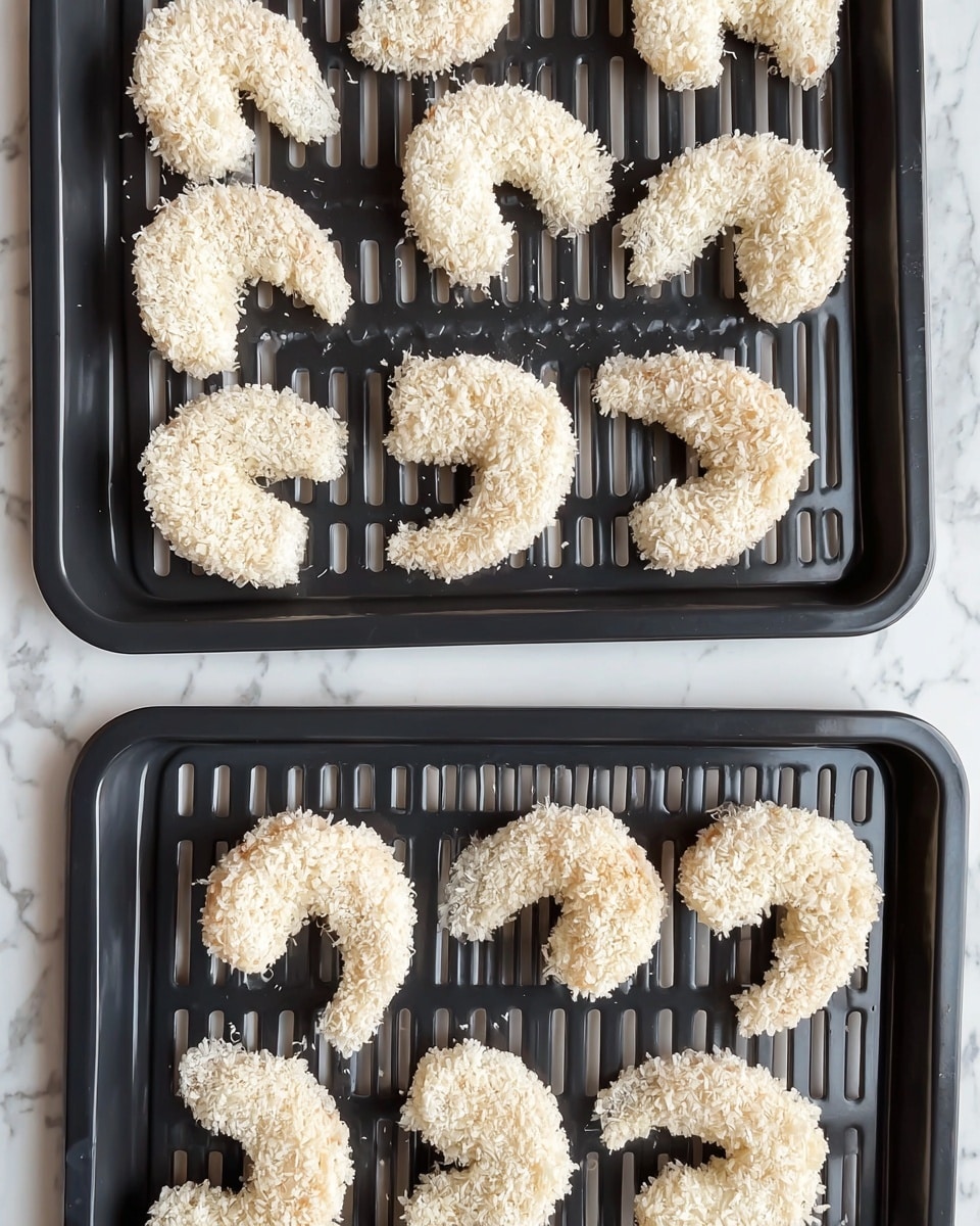 The image shows two black baking trays placed one above the other on a white marbled surface, each tray holding several pieces of raw shrimp coated in light, fluffy, off-white breadcrumbs. Each shrimp piece is curved and fully covered with the crumb coating, showing a rough texture. The trays have evenly spaced rectangular holes, giving a grid look. The top tray holds six shrimp, and the bottom tray contains seven shrimp, all neatly placed with some space between them for even cooking. photo taken with an iphone --ar 4:5 --v 7