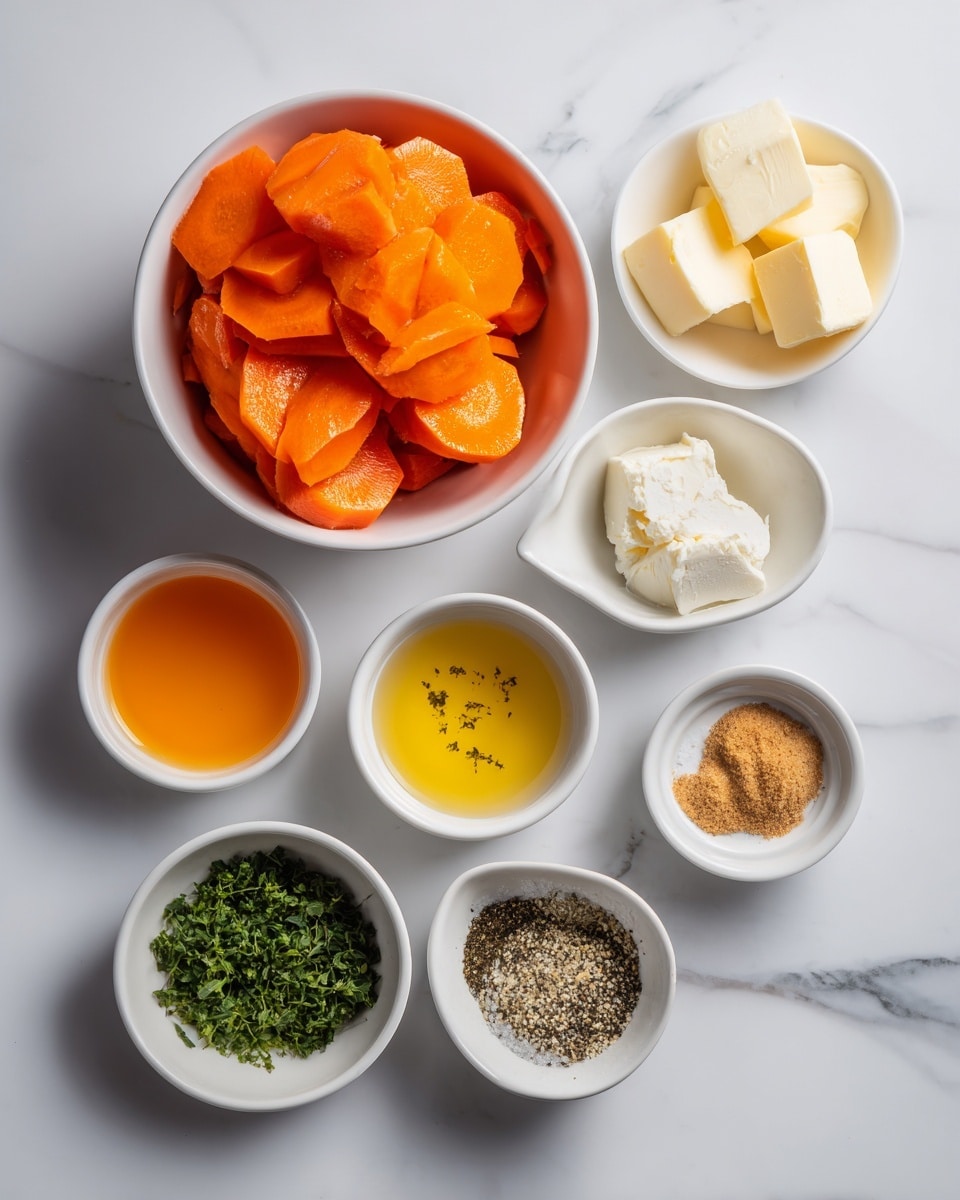 The image shows eight small white bowls placed on a white marbled surface. The largest bowl on the left is filled with bright orange carrot slices that have a smooth, shiny texture. To the right of this bowl, there are seven smaller bowls arranged loosely: one with three pale yellow butter cubes, one with golden honey, one with orange juice, one with clear oil, one containing a light brown powder of brown sugar, one with finely chopped dark green parsley, and one with mixed seasoning featuring white, black, and light brown colors. Each bowl's contents are clearly visible and well lit, creating a vibrant and fresh look. Photo taken with an iphone --ar 4:5 --v 7