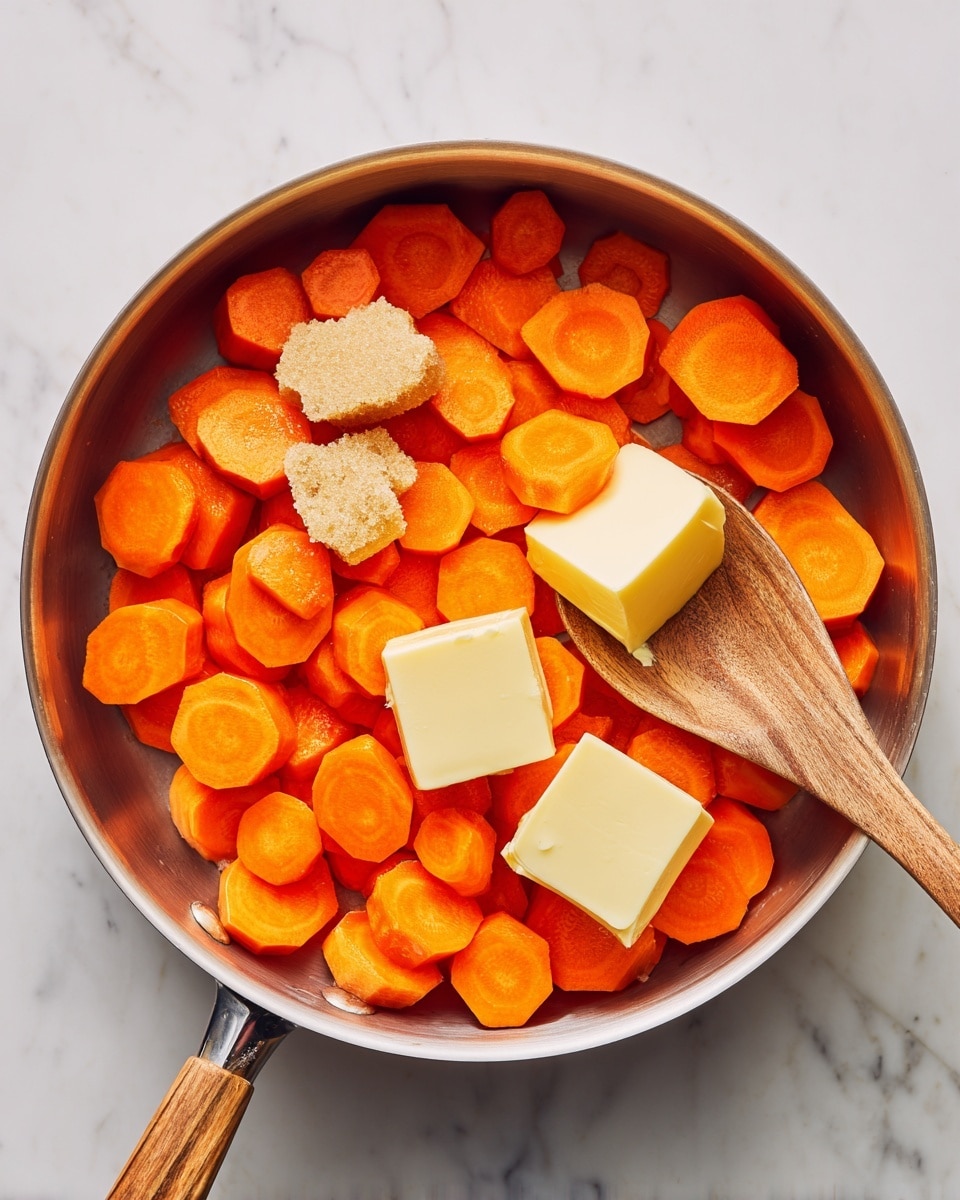 The image shows a cooking pan with bright orange carrot slices scattered inside. On top of the carrots, there are two light brown scoops of brown sugar slightly melting and three pale yellow butter cubes placed near the center. A wooden spoon with a smooth texture is resting inside the pan, partially lifting some carrot slices. The pan is placed on a white marbled surface, and everything looks fresh and colorful. Photo taken with an iphone --ar 4:5 --v 7