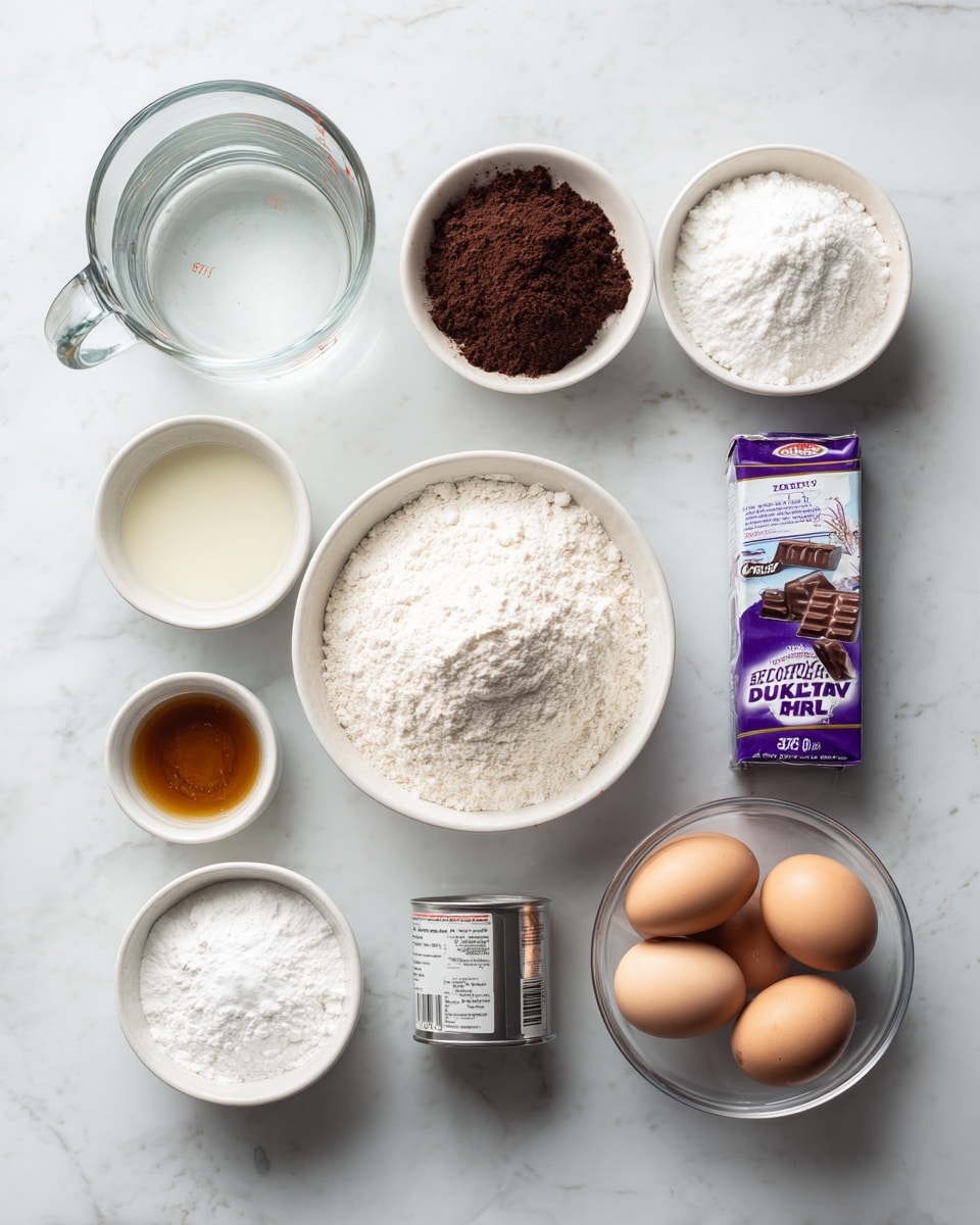 The image shows eleven ingredients arranged neatly on a white marbled surface, each in a separate container. At the top left is a clear glass measuring cup filled with water, next to it on the right is a small white bowl with dark brown cocoa powder. To the right of the cocoa is a white bowl filled with white granulated sugar. Below the water is a tiny white bowl holding white baking powder. To its right is a larger white bowl filled with fine white flour. Below the baking powder is a small white bowl with light brown vanilla extract, and next to it a tiny white bowl with white salt. Further down on the left is a clear glass measuring cup holding oil, and to the right is a small metal can labeled evaporated milk. At the bottom right is a clear glass bowl holding four brown eggs. To the right of the flour bowl is a wrapped Cadbury Dairy Milk Whole Nut chocolate bar with purple packaging. The setup is clean and well-lit, with all items spaced evenly and visible labels on the chocolate and milk can, photo taken with an iphone --ar 4:5 --v 7