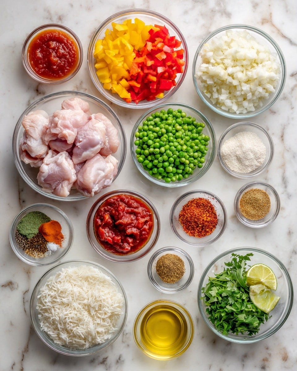 The image shows a white marbled surface with many clear glass bowls and small dishes arranged neatly, each filled with different fresh ingredients and spices. There are layers of diced red bell pepper, yellow bell pepper, chopped green jalapeno, chopped white onion, and fresh green peas. Bowls hold raw pale pink chicken thighs and white rice. Smaller dishes contain colorful spices including reddish paprika and chili powder, light brown cumin and coriander, dark cayenne pepper, granulated garlic, onion powder, and green dried oregano. Other ingredients are bright red tomato sauce, golden olive oil, light brown stock, fresh green cilantro leaves, minced white garlic, lime juice, and salt and pepper in small bowls. The layout is clean, bright, and organized. Photo taken with an iphone --ar 4:5 --v 7
