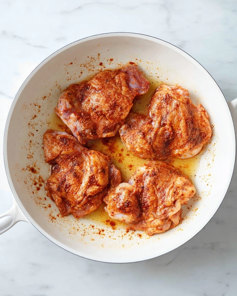 A white pan with four pieces of raw chicken thighs inside, each coated with a reddish-brown spice mix, resting flat in a single layer. The chicken pieces have a slightly shiny, oily texture from the marinade, and the white pan shows some little pools of oil and spices around the meat. The pan is placed on a white marbled surface. photo taken with an iphone --ar 4:5 --v 7