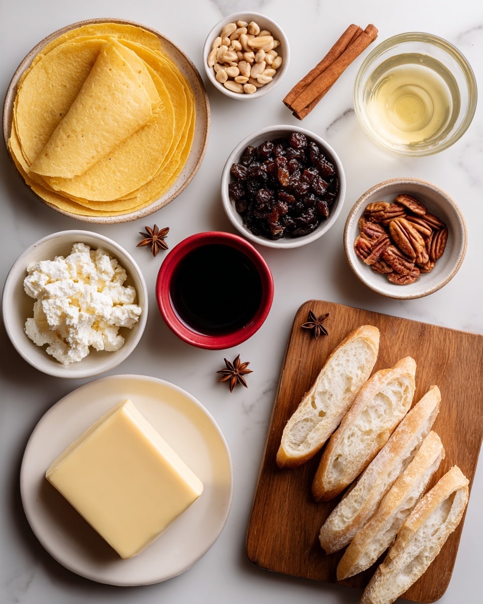 The image shows several small white bowls and a glass of water arranged neatly on a white marbled surface. One bowl contains dark molasses with a shiny, smooth texture. Another bowl has dark raisins with a wrinkled look. Pecans fill a third bowl, showing their rich brown color and rough texture. A fourth bowl holds pale, shelled peanuts. Melted butter appears bright yellow in a white bowl, and a chunk of solid butter sits in another small white bowl. Two star anise and a cinnamon stick lie next to the bowls. Corn tortillas are stacked in a neat pile on the left, their light yellow color and soft texture visible. A white container holds creamy white queso fresco. Finally, a wooden board holds sliced baguette pieces with a golden crust and soft white inside. A clear glass of water sits near the top right corner. photo taken with an iphone --ar 4:5 --v 7