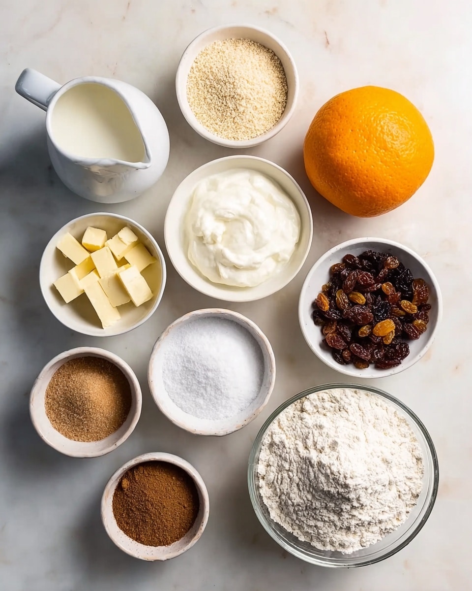 The image shows nine small white bowls and one clear glass bowl arranged on a white marbled surface. The clear bowl holds white flour, taking up most space in the bottom right. To its left, there is a white jug filled with a white liquid, and next to it is a small white bowl with thick white cream or yogurt. Above the jug there is a bright orange fruit, and to the top right, a white bowl filled with dark raisins mixed with golden bits. On the top row, from left to right, there are white bowls containing beige yeast granules, white sugar, and yellow butter cubes. Below them on the left side is a white bowl with ground cinnamon, nutmeg, and ginger. In the middle is a bowl with brown sugar. The scene is well-lit with soft natural light, creating gentle shadows and a clean, fresh look, photo taken with an iphone --ar 4:5 --v 7