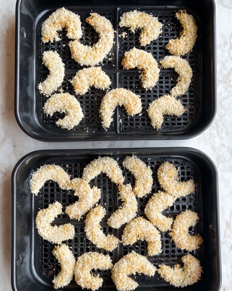 The image shows two black air fryer trays placed on a white marbled surface. Each tray holds several shrimp pieces coated with a light beige, flaky breadcrumb layer. The shrimp are spread out evenly, with their curved shapes clearly visible and their rough textured coating standing out against the black trays. The trays have a grid-like pattern allowing air to pass through, enhancing the texture contrast between the shrimp and the tray. The white marbled surface underneath adds a soft, clean background to highlight the crisp look of the coated shrimp. photo taken with an iphone --ar 4:5 --v 7