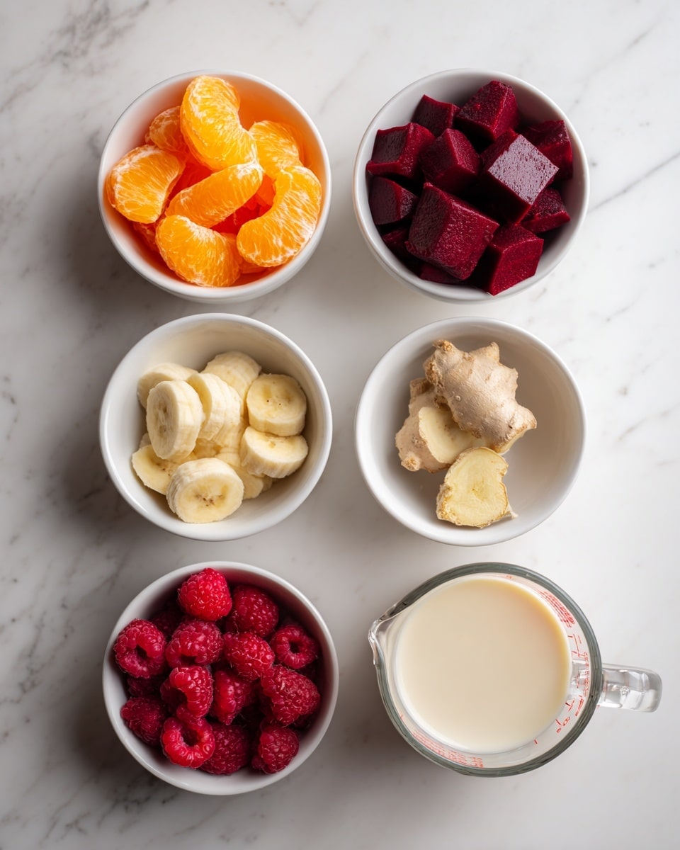 The image shows six small white bowls and a clear measuring cup arranged on a white marbled surface. Each bowl holds a different ingredient: bright orange mandarin segments, deep red beet cubes, light tan banana slices, and dark red raspberries. One small bowl contains a piece of pale yellow ginger. The clear measuring cup is filled with creamy almond milk. The setup is clean and simple with the ingredients spaced evenly, emphasizing their natural colors and textures. Photo taken with an iphone --ar 4:5 --v 7