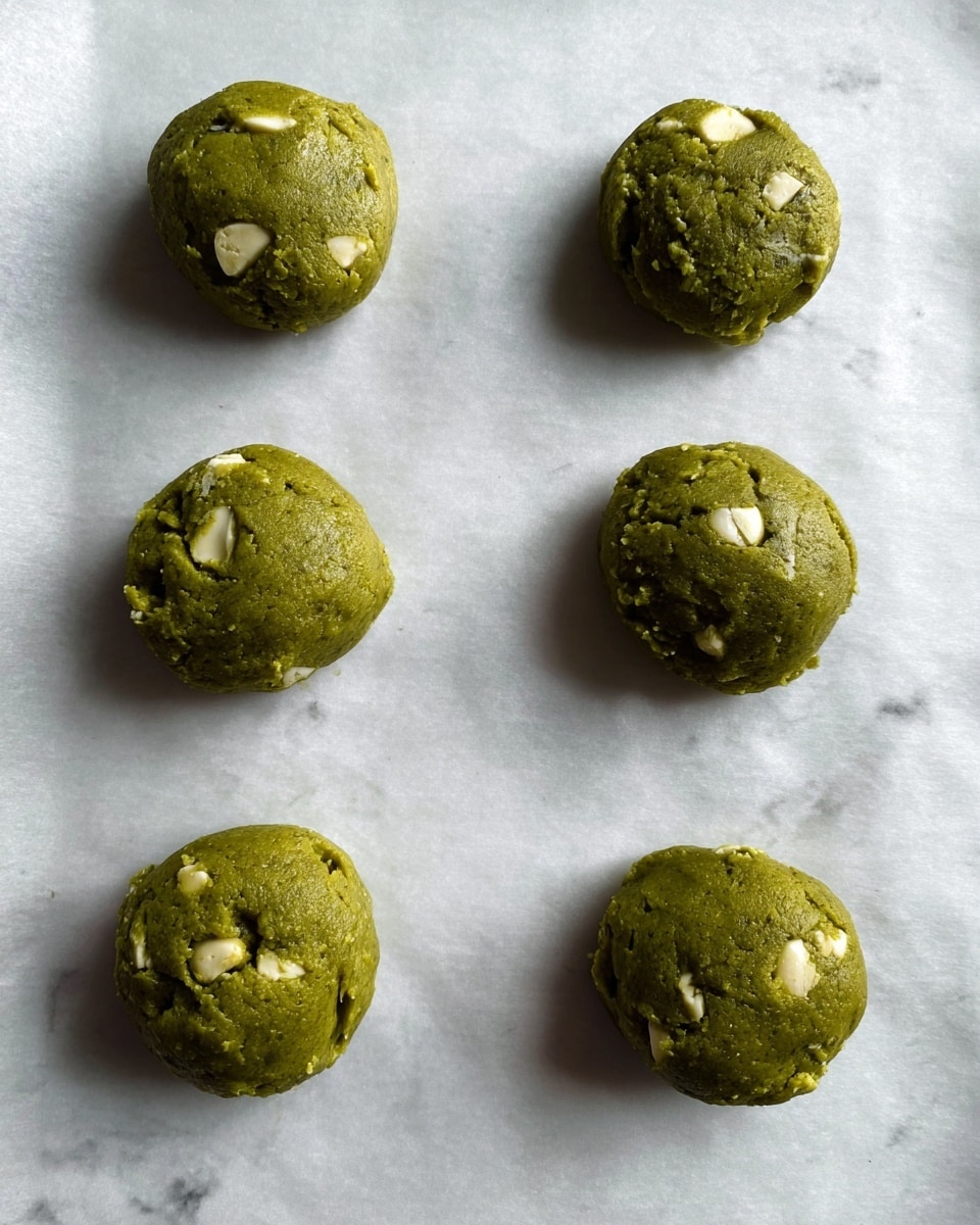 Six round green cookie dough balls with small white chunks are evenly placed on a sheet of white parchment paper that rests on a white marbled surface. Each dough ball is slightly cracked with visible pieces of white chocolate or nuts embedded mostly on the top and sides. The dough has a smooth but slightly textured surface, and the balls are spaced apart in two columns and three rows. The lighting is soft, highlighting the dough’s moist texture. photo taken with an iphone --ar 4:5 --v 7