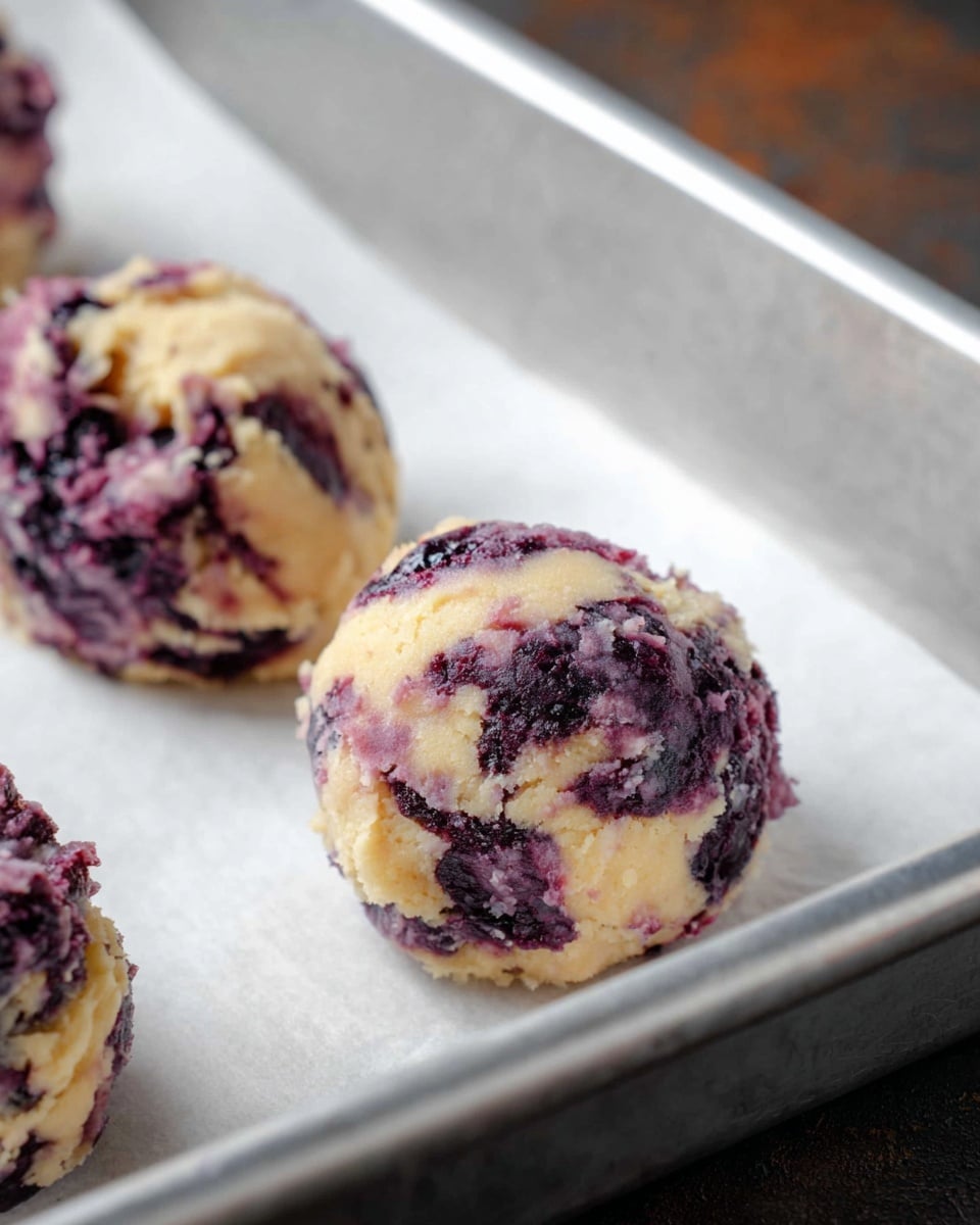 Three small scoops of blueberry dough sit on white parchment paper in a silver baking tray. Each scoop is round with a rough texture and a mix of pale yellow dough and dark purple blueberry swirls throughout. The tray rests on a white marbled surface, and the focus is on the closest scoop while the others blur slightly in the background. photo taken with an iphone --ar 4:5 --v 7