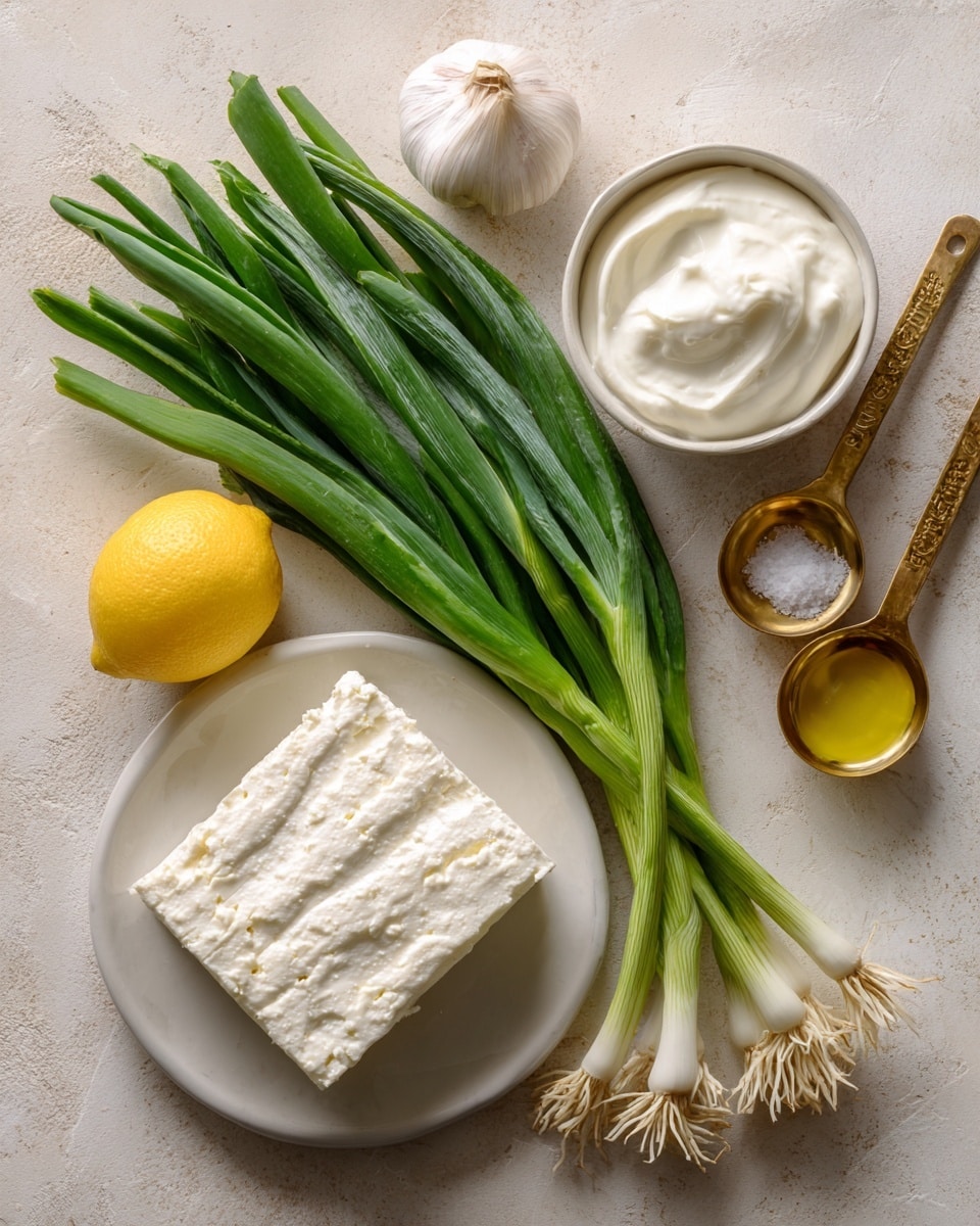 The image shows ingredients arranged neatly on a white marbled surface. On the left bottom side, there is a white plate holding a thick, square block of white feta cheese with small holes on its surface. Above the plate, there is a small white bowl filled with smooth, creamy sour cream. To the left of the bowl, two wooden-handled measuring spoons lie flat, one filled with golden olive oil and the other with white coarse salt. Below the spoons, a single peeled garlic clove sits next to half a lemon displaying its juicy yellow interior. On the right side of the image, there is a bunch of fresh green scallions with white bulb ends and long green leaves stacked closely together. The setting is bright and clean with natural light photo taken with an iphone --ar 4:5 --v 7