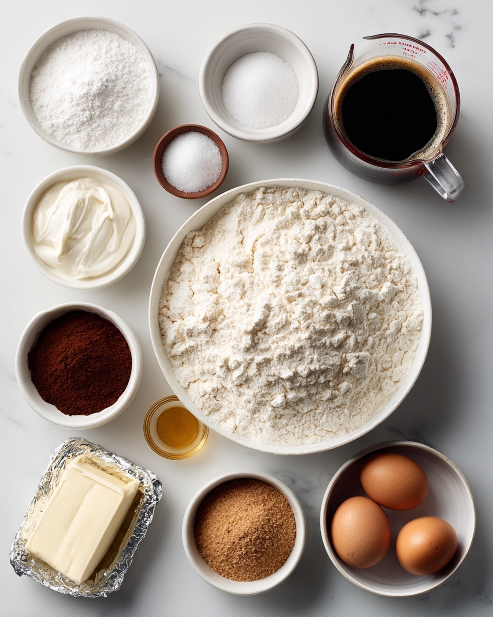 A top view of various baking ingredients arranged neatly on a white marbled surface. At the center top is a medium white bowl filled with all-purpose flour, slightly mounded. To its left is a small clear glass bowl with baking soda, and below that is a tiny clear glass bowl with salt. At the center left is a glass measuring cup filled with dark creamy Guinness stout, showing some foam on top. To the right of the stout is a small white bowl of cocoa powder, deep brown and fine. To its right is a small white bowl holding thick sour cream, smooth and white. Below the sour cream is another small white bowl containing light brown sugar, grainy and piled high. Below the bowls and slightly to the right are two brown eggs positioned side by side. In the center bottom is a large white bowl filled with fluffy powdered sugar, heaped high. Next to it left is a silver-wrapped block of cream cheese. To the right of the eggs and below the brown sugar is a small white bowl filled with white sugar. Near the bottom right corner lies a stick of butter in yellow paper with red markings. Above the eggs and slightly left is a small glass bowl with amber-colored vanilla extract. All ingredients are spaced evenly on the white marbled surface. photo taken with an iphone --ar 4:5 --v 7