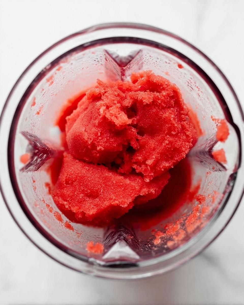 The image shows a top view of a blender container filled with a smooth and bright red frozen mixture. The texture looks icy and finely crushed, evenly spread inside the clear plastic blender. The blender sits on a white marbled surface. The red mixture is the only visible ingredient in the container. photo taken with an iphone --ar 4:5 --v 7