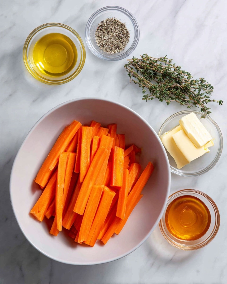A white bowl full of bright orange carrot sticks with green tops sits at the bottom of the image on a white marbled surface. Above the bowl, five small clear glass bowls hold ingredients: olive oil with a golden yellow color on the left, thyme shown as dry green leaves next to it, a bowl with salt and black pepper in the middle, a piece of yellow butter on the right, and honey with a clear amber color at the far right. Each ingredient has a label in bold white text on dark rectangles above or below the bowls, all arranged neatly with the fresh carrot sticks taking the main focus. Photo taken with an iphone --ar 4:5 --v 7