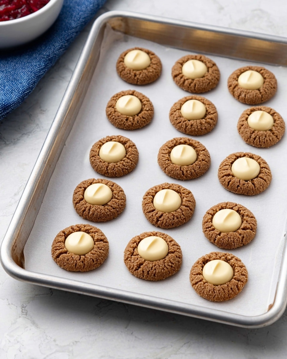 A silver baking tray lined with white parchment paper holds 14 small round cookie dough pieces with a rough texture and golden brown color, each topped with a smooth, pale yellow dollop of cream in the center. The cookies are spaced evenly in rows, and the tray sits on a white marbled surface with part of a blue cloth visible at the bottom left corner and a white bowl containing a red liquid partially seen at the top left. Photo taken with an iphone --ar 4:5 --v 7