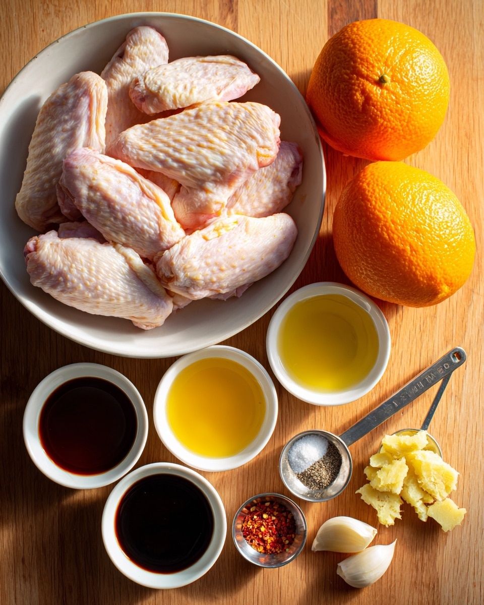 A white bowl filled with raw chicken wings showing pale pink and light yellow skin sits on the left side of a wooden cutting board. To the right, two whole bright orange oranges are placed side by side. Below the oranges, there are four small white bowls arranged in a row: one with dark brown low sodium soy sauce, one with golden yellow honey, one with clear yellow oil, and one with half pink salt and half black pepper. In the front center, there is a small metal measuring spoon holding red cayenne pepper next to a small pile of peeled garlic cloves. On the right edge of the board, a white measuring spoon filled with light yellow grated ginger rests diagonally. The wooden cutting board is the background with a warm, natural texture. Photo taken with an iphone --ar 4:5 --v 7