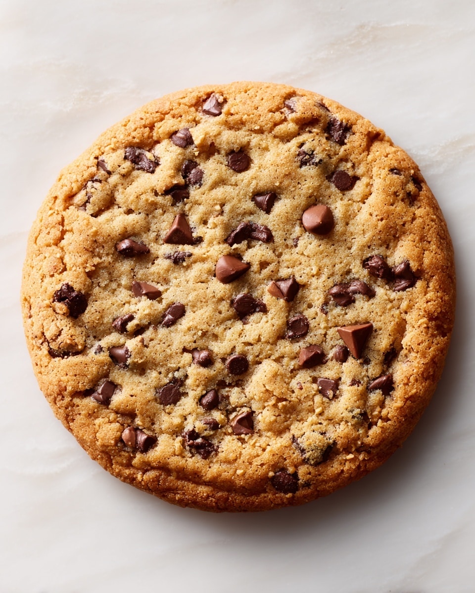 A close-up top view of a single large round cookie with a light golden-brown color and a slightly rough texture. The cookie is filled with small pieces of chocolate chips spread unevenly across its surface. The edges are slightly darker and crispier compared to the center, which appears softer and chewier. The cookie rests on a white marbled textured surface with thin horizontal ridges visible underneath. There is a white circular label with the number 3 in dark blue in the top left corner. photo taken with an iphone --ar 4:5 --v 7