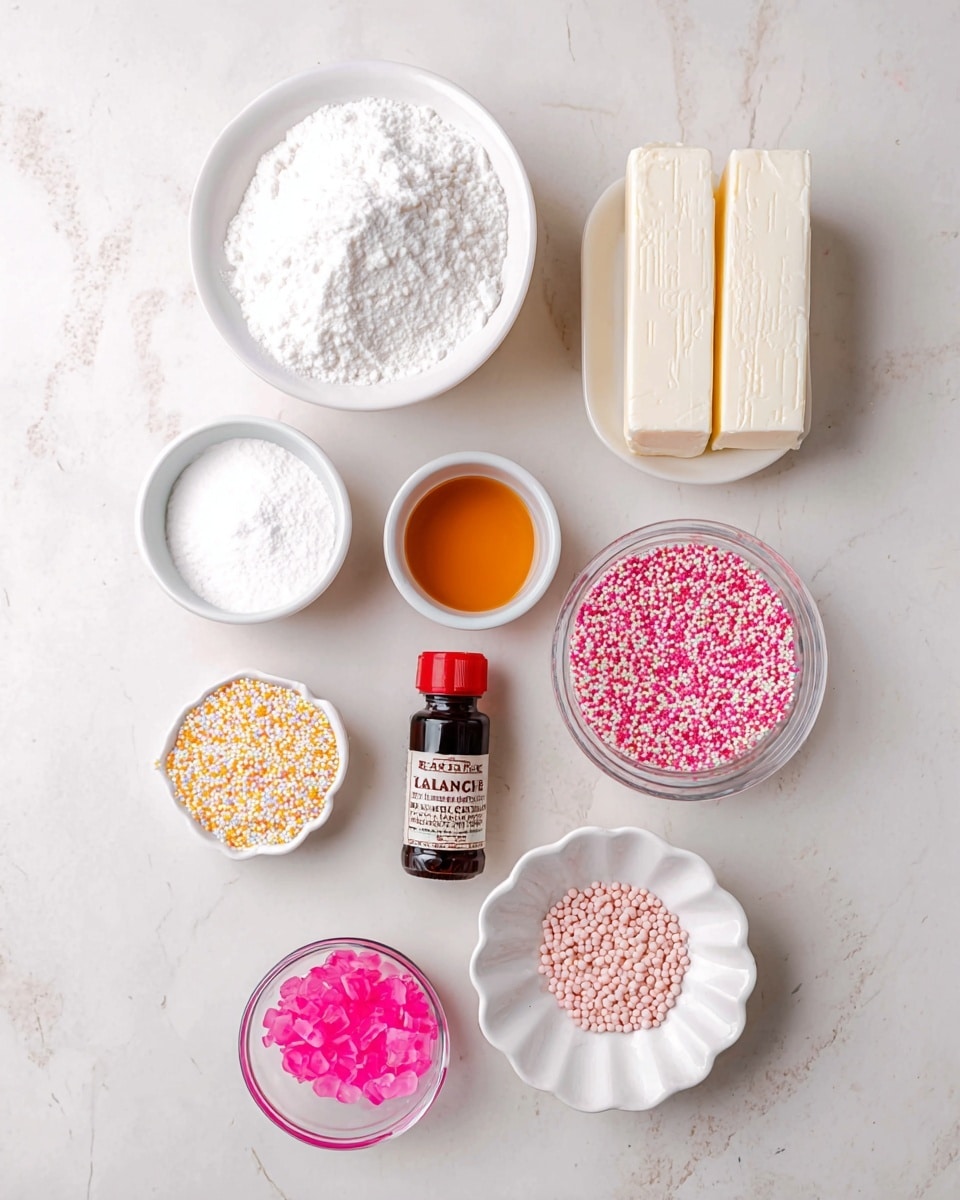 A top view of various baking ingredients arranged neatly on a white marbled surface, including a white bowl filled with white powdered sugar at the top, below it two sticks of unsalted butter in white wrappers, a small white bowl with amber liquid, another small white bowl with white granulated sugar, a small bottle of dark vanilla extract with a red cap, a white bowl with pink and yellow sprinkles, a white scalloped dish with pale pink round sprinkles, and a small clear glass bowl containing bright pink sugar crystals, all spaced evenly and shown clearly photo taken with an iphone --ar 4:5 --v 7