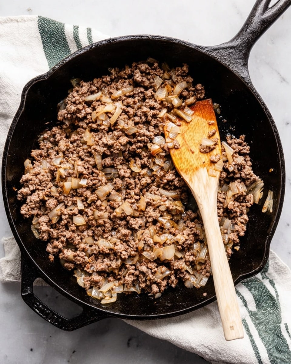 A black cast iron pan filled with cooked ground meat mixed with small pieces of translucent sautéed onions, showing a browned and slightly crispy texture on some parts. A light wooden spatula rests in the pan, stirring the meat, and the pan sits on a white marbled surface. A white cloth with dark green stripes is placed next to the pan. photo taken with an iphone --ar 4:5 --v 7