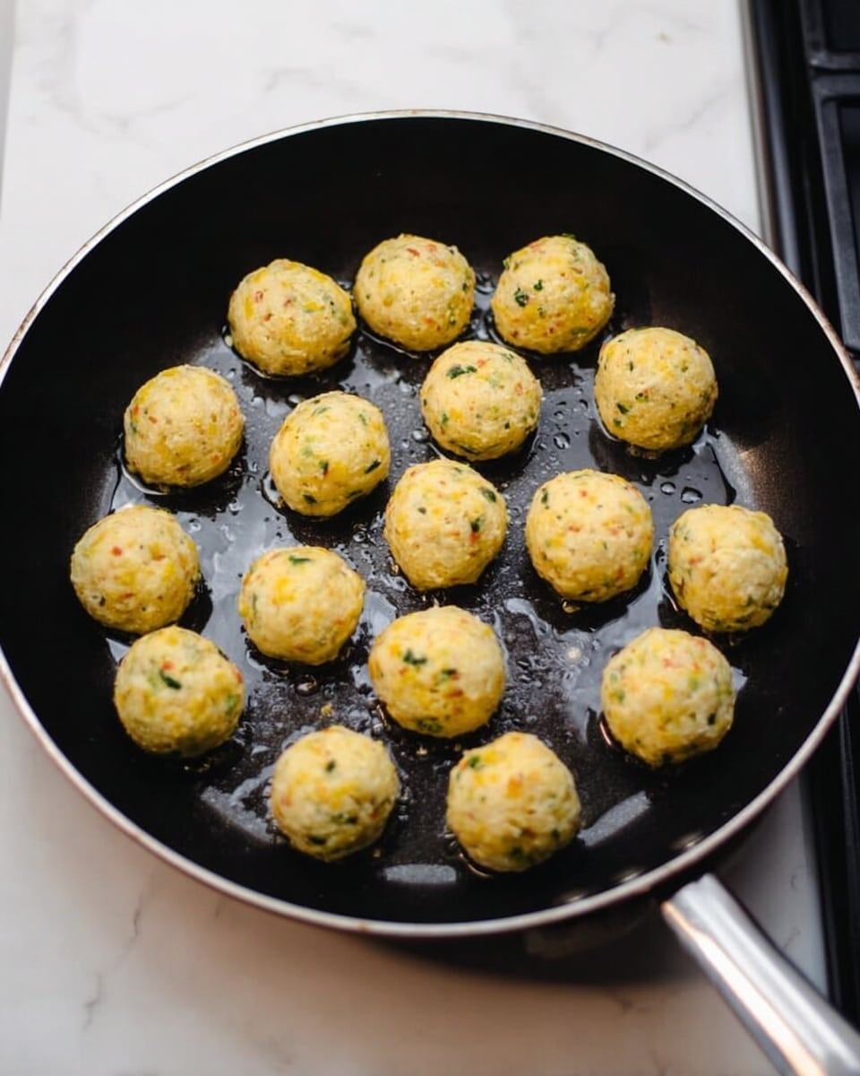 There is a round black frying pan on a stovetop, filled with 20 small yellowish-white balls that have green and orange bits inside them; they are arranged closely but not touching, and the pan surface has small shiny oil spots that reflect light. The stove and surrounding area show a clean white marbled surface. The balls have a rough texture with specks of herbs and vegetables visible, and the lighting highlights their shape and color clearly. photo taken with an iphone --ar 4:5 --v 7