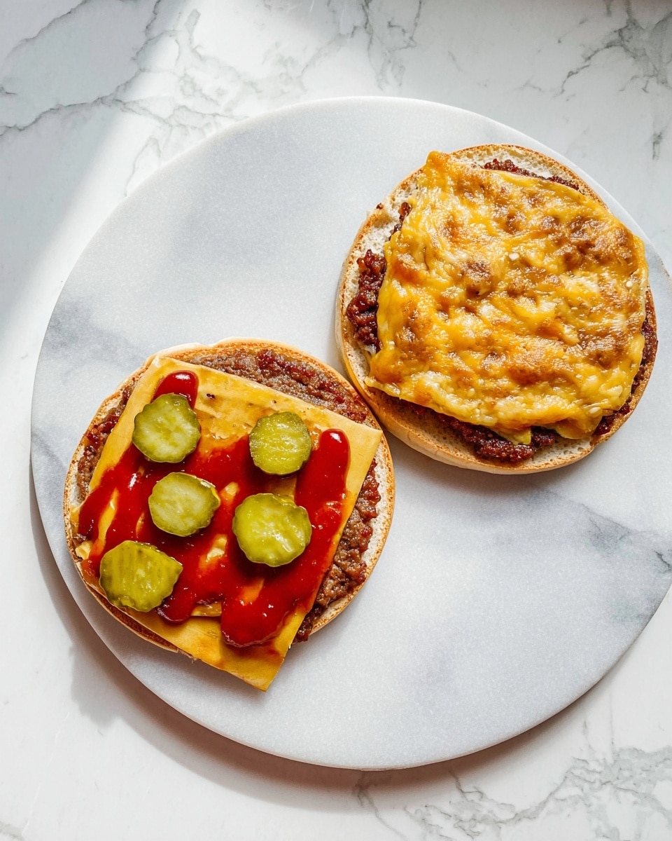 Two sandwich halves are placed open on a round white marble plate on a white marbled surface. The left half shows three layers visible from bottom to top: a tan-colored toasted bun base, a brown cooked patty layer, and a shiny red ketchup layer topped with evenly spaced small green pickle slices. The right half has two layers visible: a tan toasted bun base and a spread of melted yellowish cheese mixed with a light brown sauce or spread evenly covering it. photo taken with an iphone --ar 4:5 --v 7