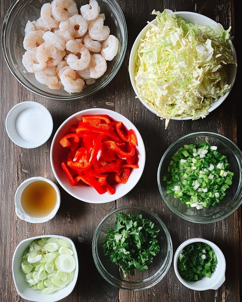 The image shows eight small white bowls and one clear bowl arranged on a dark wooden table with a white marbled texture added in post. The largest bowl at the top right is filled with shredded pale yellow cabbage with a light, fluffy texture. The clear bowl on the top left contains raw, pale pink shrimp with a smooth, slightly shiny texture and some shells partially on. In the center is a white bowl filled with bright red, sliced bell pepper pieces that are smooth and glossy. To the right of that is a clear bowl filled with finely chopped green onions, bright green and fresh. Below the cabbage on the right is a white bowl filled with chopped fresh cilantro, vibrant and leafy. To the left of this is a small clear bowl of white salt crystals, small and coarse. Above the salt is a small bowl with golden brown sauce, smooth and thin. On the bottom left is a white bowl with finely minced pale yellow garlic, soft and moist. Above that is a white bowl filled with sliced light green spring onions, round and fresh. The overall layout is neat, the colors are fresh and natural, and the photo is well-lit. photo taken with an iphone --ar 4:5 --v 7