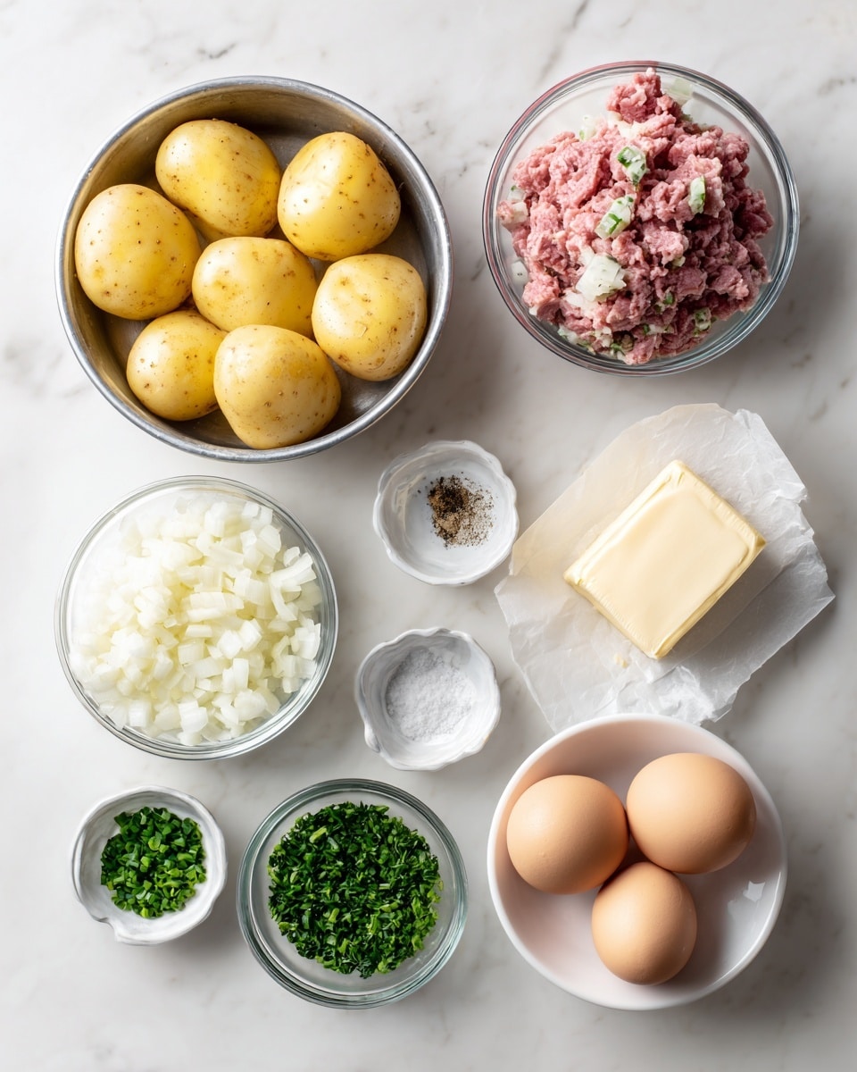 The image shows several small white bowls and containers arranged on a white marbled surface. From top left, there is a metal bowl holding five boiled yellow potatoes with a smooth texture. On the top right, a clear glass measuring cup contains crumbled pink corned beef with small green pieces mixed in. Below the potatoes, a clear round bowl has finely chopped white onions. Next to it, a small white bowl holds salt and black pepper. To the right, a rectangular block of butter rests partially unwrapped on wax paper. Below this, a small white bowl contains finely chopped green parsley, and to the left of it another small white bowl has chopped green chives. Finally, at the bottom right, a clear bowl holds three whole light brown eggs labeled optional. The overall layout is neat and organized. Photo taken with an iphone --ar 4:5 --v 7