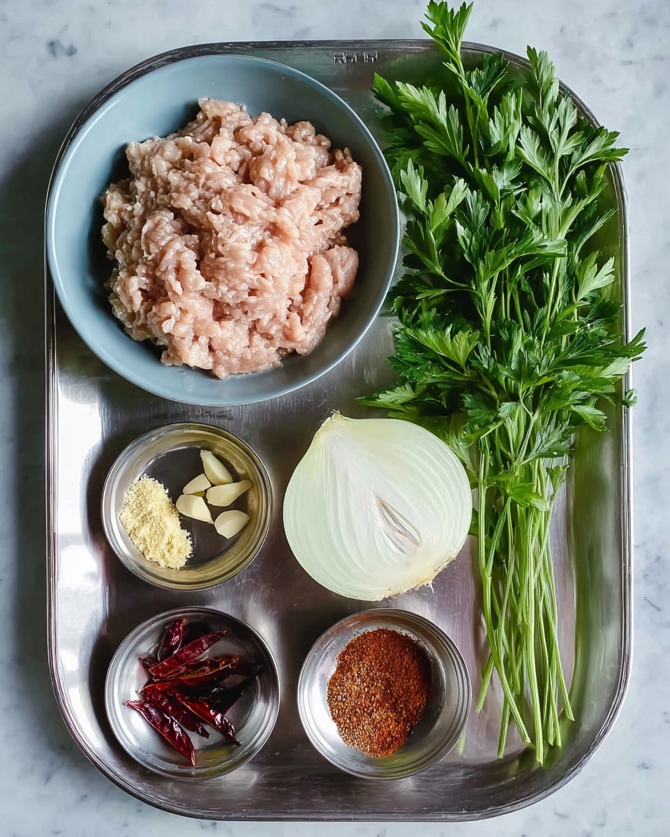 A silver tray holds ingredients arranged neatly on a white marbled surface. In the top left corner, there is a light blue bowl filled with raw ground chicken, showing a soft pink texture with slight ridges. To the right of the bowl, fresh bright green parsley with leafy stems is placed vertically. Below the parsley, a half white onion with visible layers and smooth surface sits flat. Four small silver metal bowls are arranged in a square at the bottom left side of the tray. The top left bowl contains small, pale yellow crumbs, the top right bowl has three beige garlic cloves, the bottom left bowl shows a few dark red pepper strips, and the bottom right bowl is filled with a powdery reddish-brown spice. The entire setup is clean and evenly lit. photo taken with an iphone --ar 4:5 --v 7