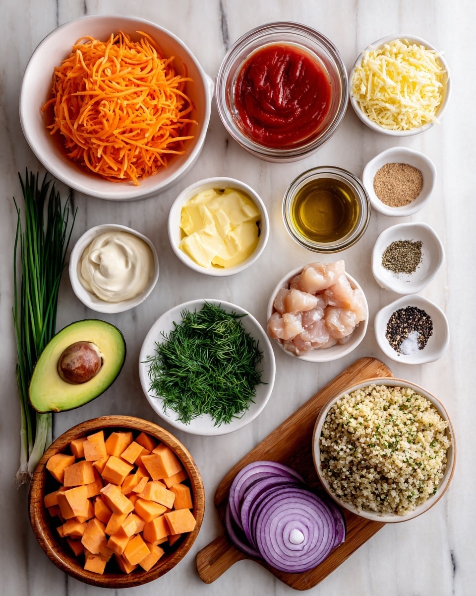 The image shows various ingredients arranged on a white marbled surface. In the top left, there is a white bowl filled with thin, shredded bright orange carrots. Next to it, a clear glass container holds a bright red buffalo sauce. Below, a small white bowl contains creamy white mayonnaise beside another small white dish with light yellow minced garlic. Moving right, another white bowl has melted yellow butter, placed beside a white dish of raw pale chicken tenders on the top right. Below the butter are small white dishes containing black pepper and salt, and a small glass holds light brown apple cider vinegar. In the center, fresh green chives lie near a small white bowl of dark green dried dill and sliced rings of purple and white red onion on a small wooden board. Diced orange sweet potatoes are piled next to the onion on the board. At the bottom left, a whole dark green avocado sits beside a white bowl of thick white Greek yogurt and a wooden bowl filled with cooked tri-color quinoa. The overall arrangement is neat and colorful. Photo taken with an iphone --ar 4:5 --v 7