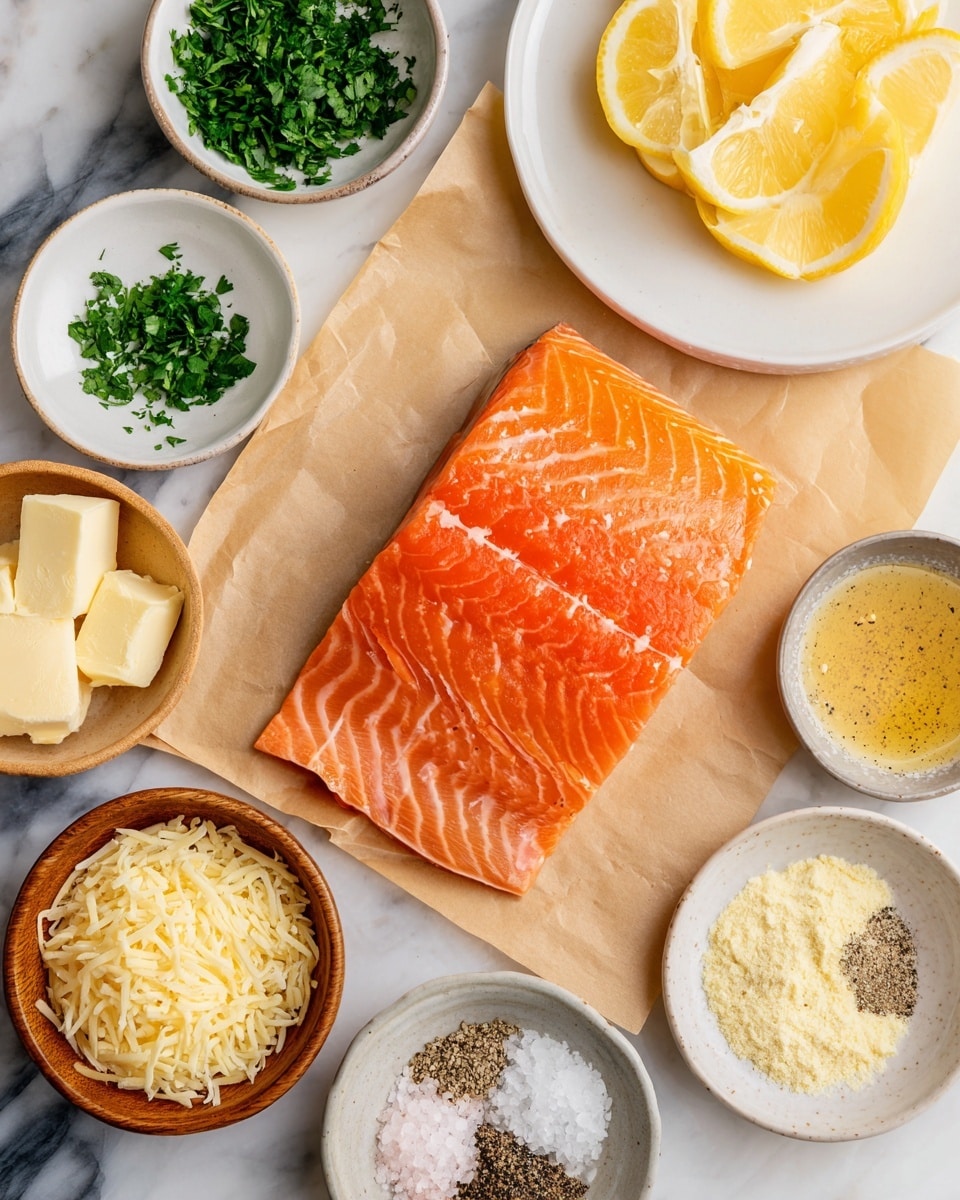 A fresh salmon filet with a bright orange color and visible white lines lies in the center on light brown parchment paper. Around it are small white bowls holding different ingredients: finely chopped green parsley at the top left, golden melted butter at the right, and a mix of white salt, black pepper, and light brown garlic powder in the lower right. A white plate with bright yellow lemon wedges is at the top left corner. Three wooden bowls contain pale yellow panko bread crumbs at the bottom left, shredded light yellow parmesan cheese at the top right, and creamy light brown Dijon mustard above the salmon. All items are placed on a white marbled surface. Photo taken with an iphone --ar 4:5 --v 7