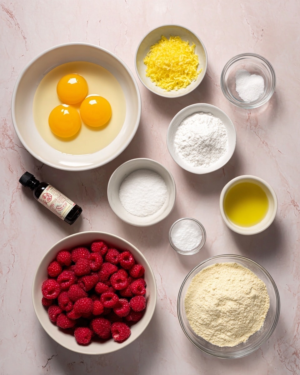 The image shows ingredients placed on a white marbled surface. At the top left, there is a white bowl holding four cracked eggs with bright yellow yolks floating in clear egg whites. To the right of the eggs, a small white bowl contains yellow lemon zest with fine texture. Above that, another white bowl has a light yellow liquid, likely lemon juice. Below the lemon zest and juice, a white bowl holds white granulated sugar with a slight mound in the center. To the left of the sugar, a small black bottle with a label is placed. Below the bottle, two tiny clear bowls contain white powdery substances, one being baking soda and the other baking powder. In the middle bottom, a large clear glass bowl is filled with pale yellow ground almond flour, while to its left, a white bowl contains white powdered sugar. Below the sugar to the right, a small clear glass holds a light yellow liquid that looks like oil. Above the oil, a small white cup is filled with white milk. In the center of the image, there is a larger white bowl filled with bright red fresh raspberries. photo taken with an iphone --ar 4:5 --v 7