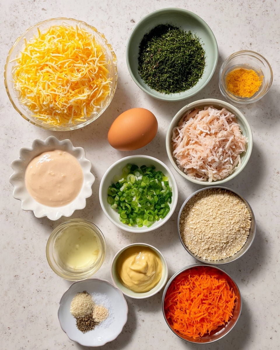 The image shows 12 small bowls with different ingredients arranged in a loose grid on a white marbled surface. From top left, there is a bowl full of shredded yellow cheese with a fine, soft texture. Next to it on the right is a small bowl filled with finely chopped dark green herbs. Below the herbs is a small bowl with bright green chopped scallions. In the center near the top, a single brown egg sits in a white, fluted bowl. Near the center left, there is a small bowl holding a pale yellow mustard-like paste with a smooth texture. Below that is a bowl with a clear, slightly yellow liquid. At the center bottom left, a bowl contains a light pink or beige creamy mayonnaise-like sauce. To the right of the mustard and vinegary liquid bowls, two metal tins are filled with shredded light pinkish meat arranged flat. To the right of the tins is a white bowl full of fine beige breadcrumbs. Below the breadcrumbs is a bowl with shredded bright orange carrots. At the bottom left, a small white plate holds small piles of black pepper, salt, and light yellow powder seasoning. All ingredients are clearly separated with no mixing. Photo taken with an iphone --ar 4:5 --v 7