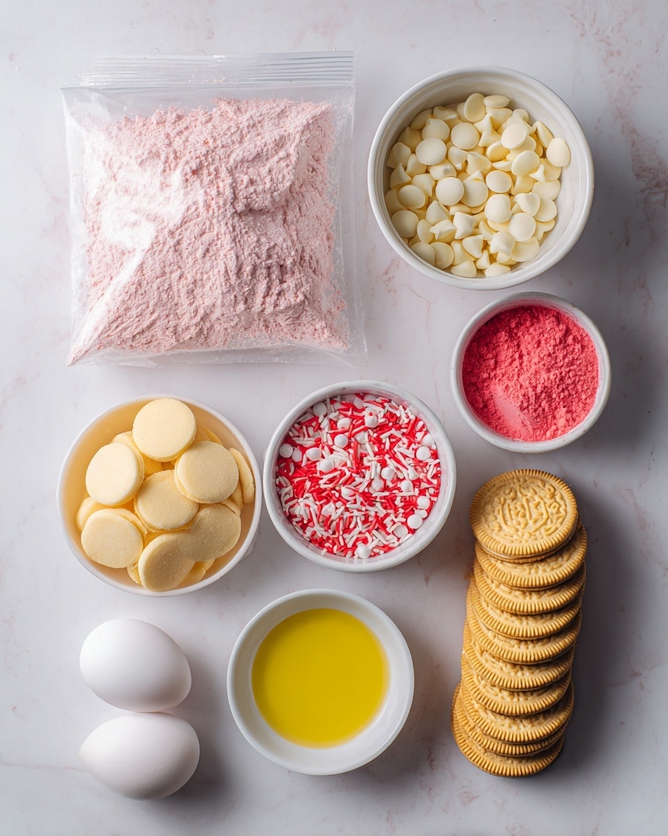 The image shows a white marbled surface with several ingredients arranged neatly. At the top left is a clear plastic bag filled with light pink powder labeled strawberry cake mix. To the right is a white bowl with small, off-white white chocolate chips. Below the chips is a small white bowl of bright pink, red, and white sprinkles. To the left of the sprinkles is another white bowl filled with round, pale yellow vanilla melting wafers. Below the wafers is a small white bowl with clear yellow oil. Next to the oil bowl are two white eggs placed near a small white bowl containing bright pink strawberry Jell-O powder. On the far right side, several golden Oreo cookies are laid out in a small stack. The whole setup is clean and colorful. Photo taken with an iphone --ar 4:5 --v 7