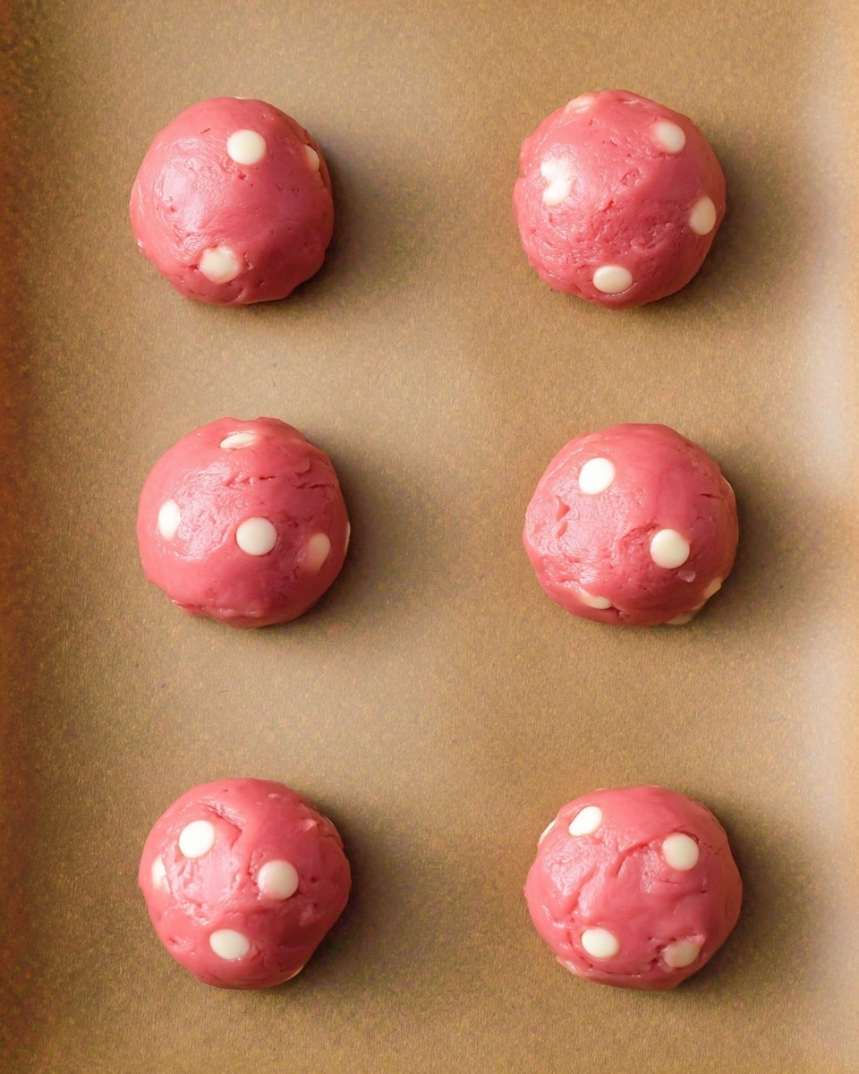 Six round balls of pink dough with white chocolate chips are placed in two vertical columns and three horizontal rows on a baking sheet lined with light brown parchment paper. Each dough ball is smooth and shiny with small white chocolate chips visible on the surface. The baking sheet fills the frame and the photo has a soft, natural lighting. photo taken with an iphone --ar 4:5 --v 7