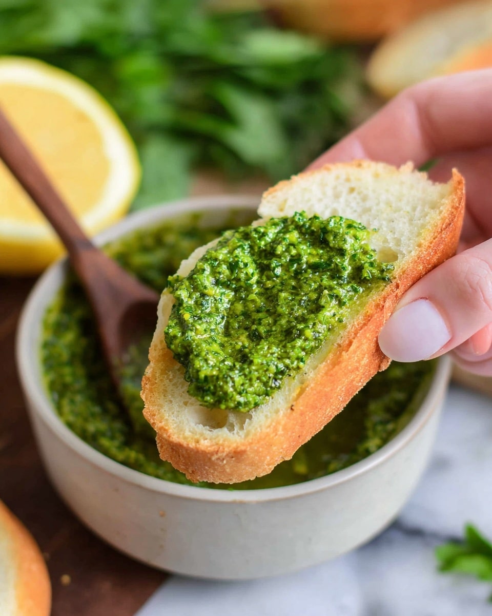 A close-up of a woman's hand holding a slice of white bread with a thick spread of bright green pesto sauce on top. The bread slice shows a soft, light beige inside with a slightly golden crust edge. Behind, there is a white bowl filled with more chunky green pesto, a wooden spoon resting inside the bowl. The background has a white marbled texture and some blurred ingredients like a lemon and leafy greens. Photo taken with an iphone --ar 4:5 --v 7