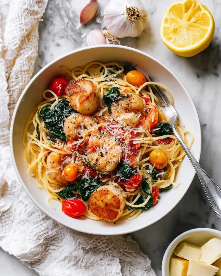 Lemon Garlic Shrimp & Scallop Pasta with Veggies Recipe