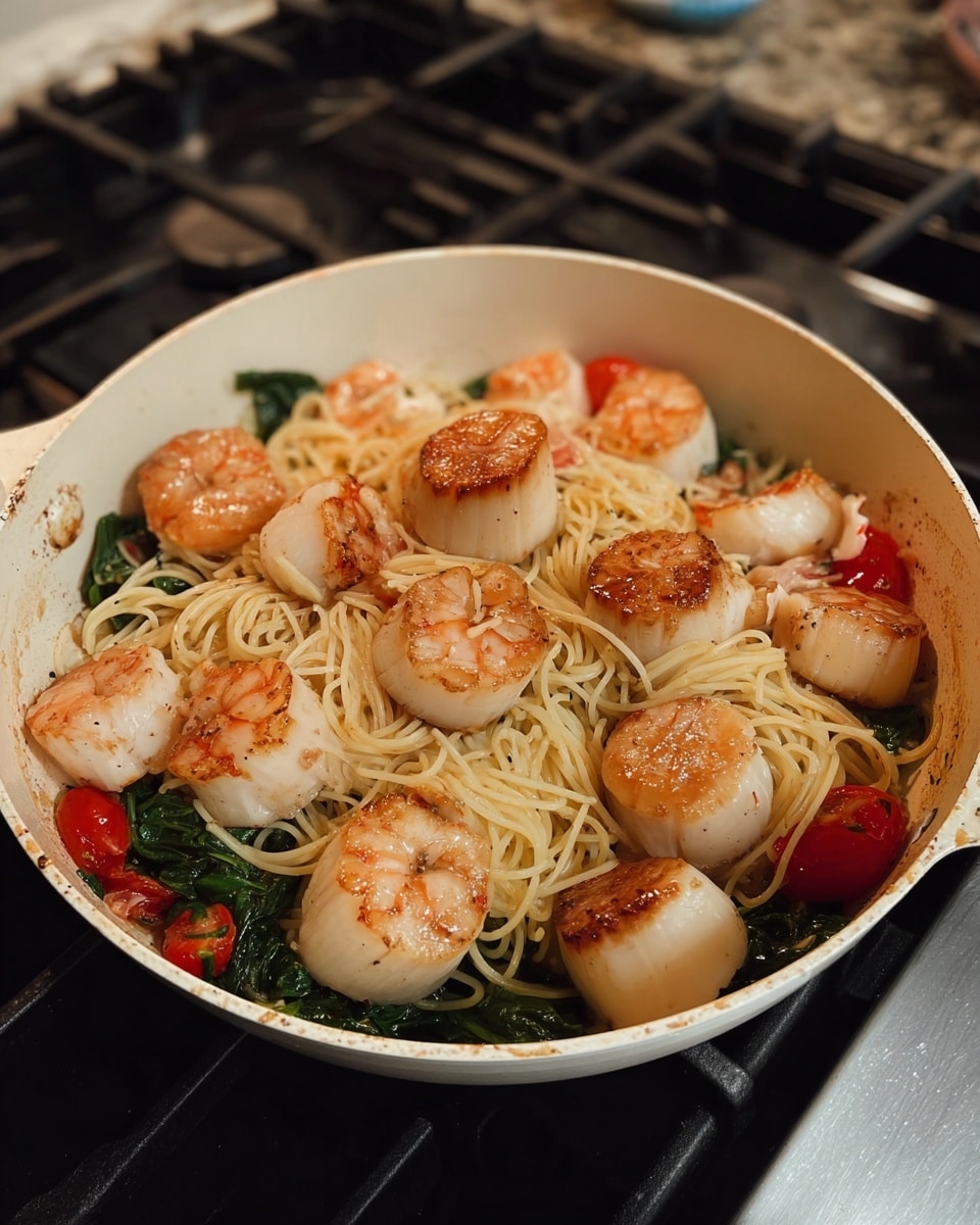 A white pan filled with three main layers: the bottom layer holds green spinach leaves and some small red cherry tomatoes, the middle layer is a nest of thin yellow spaghetti noodles, and the top layer consists of large, cooked shrimp with a light pink color and seared scallops that are golden brown on the edges. The pan sits on a stove with black burners. The image is clear and bright, showing detailed textures of the shrimp and scallops, and the noodles look soft and lightly seasoned. photo taken with an iphone --ar 4:5 --v 7