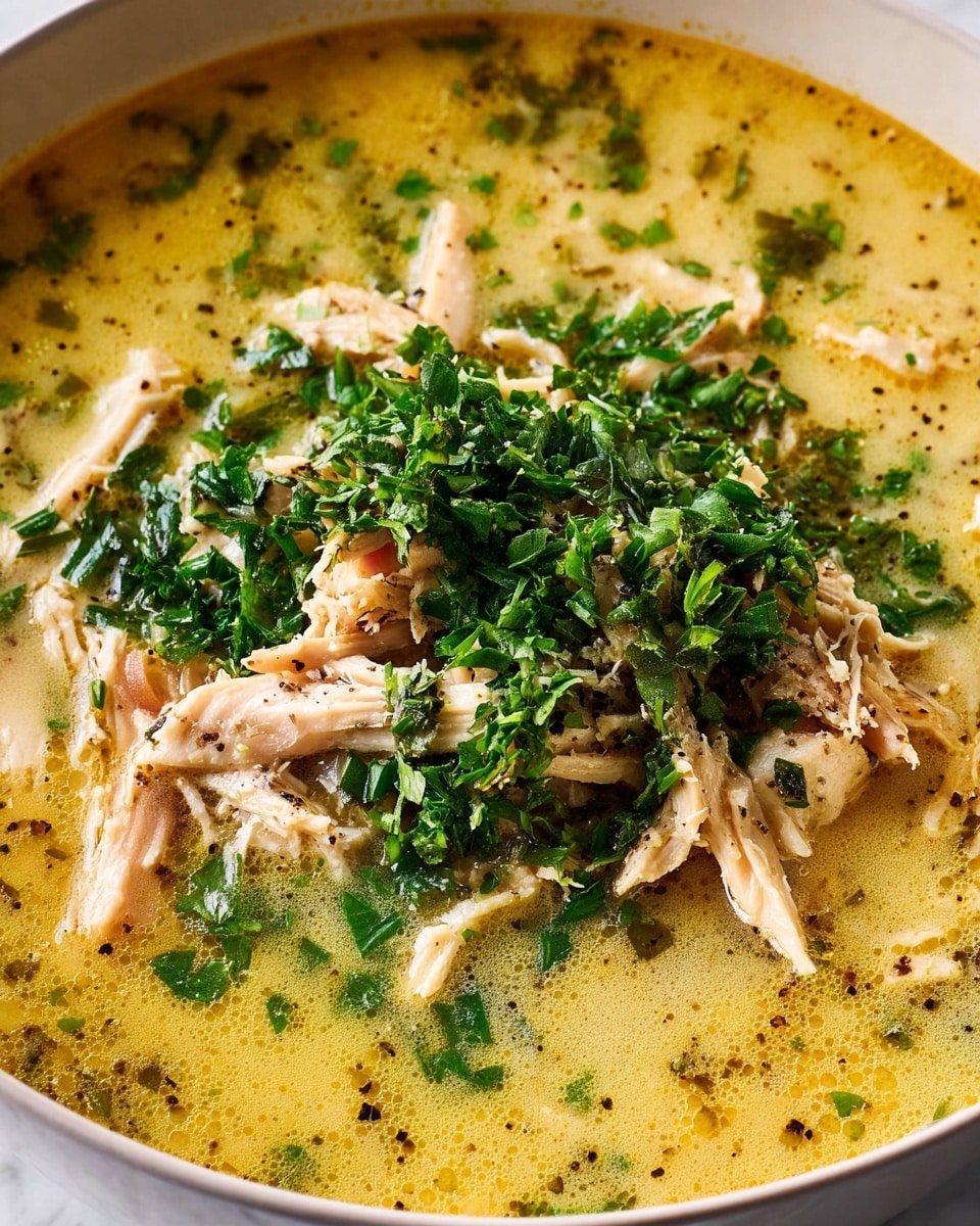 A close-up view of shredded light brown cooked chicken mixed with bright green chopped herbs on top, all sitting in a creamy yellow soup with fine black pepper specks, inside a white bowl on a white marbled surface. The soup has a smooth and slightly oily texture with pieces of chicken and herbs floating throughout the yellow broth. Photo taken with an iphone --ar 4:5 --v 7