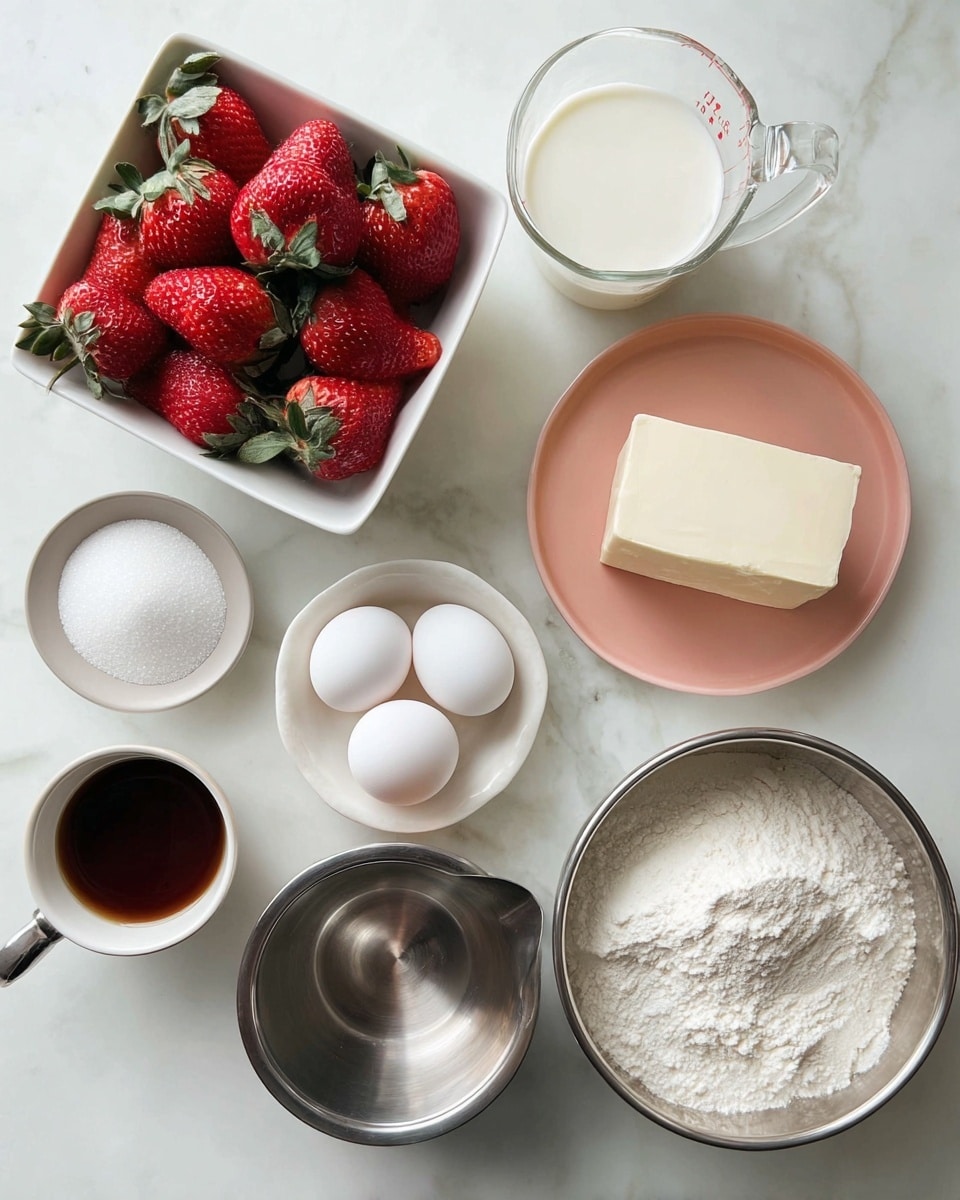 The image shows a flat top view of various baking ingredients arranged on a white marbled surface. In the top left, a white square bowl holds fresh red strawberries with green tops. Below it, a small white plate contains a small pile of white powder and granulated sugar. To the right, a pink plate holds a block of light cream butter. Above that, a clear measuring cup contains some white milk, next to it is a metal bowl with three white eggs. On the bottom left, a small white bowl contains a dark brown liquid, and nearby, a dark round bowl holds white sugar. The biggest bowl on the bottom right is silver and filled with white flour. Photo taken with an iphone --ar 4:5 --v 7