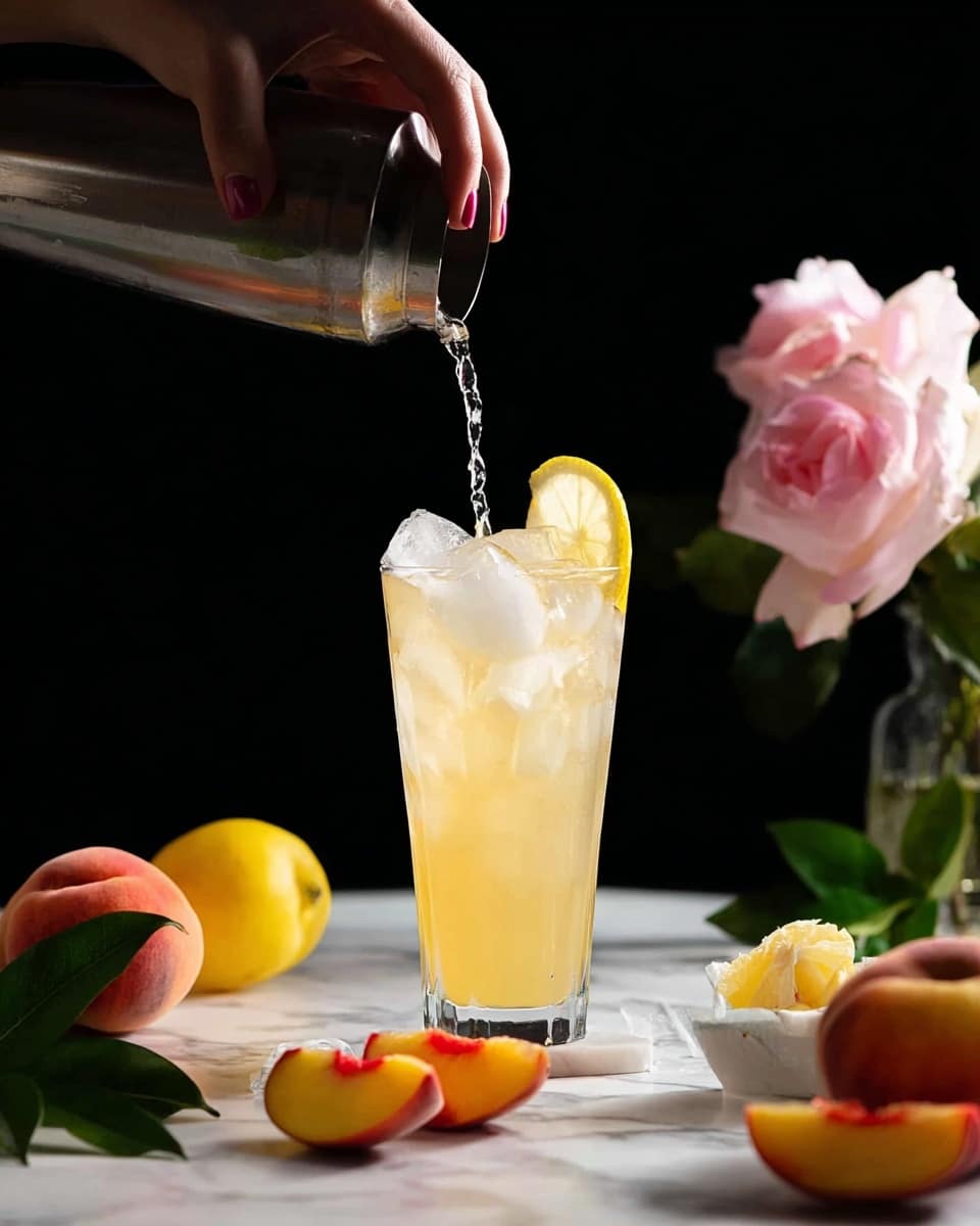 A tall clear glass filled with large ice cubes and a pale yellow drink with a round lemon slice pressed against the inside of the glass is being poured from a metal shaker held by a woman's hand above. The drink's layers show clear ice at the top, light yellow liquid in the middle, and a clearer layer at the bottom. The glass sits on a white marbled surface with a sliced peach and peach halves in the foreground, a whole peach, a halved lemon, a pink rose in a glass vase, and some green leaves in soft focus behind it. The background is black. Photo taken with an iphone --ar 4:5 --v 7