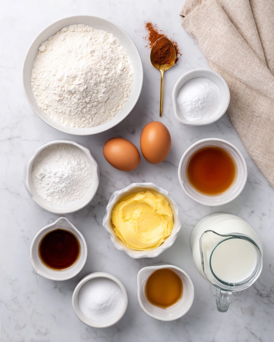 A top-down view shows various baking ingredients arranged neatly on a white marbled surface. There is a large white bowl filled with white flour at the top left. Below it, a smaller white bowl holds white granulated sugar. Near the center are two brown eggs side by side. To the right of the eggs, a small white bowl contains yellow softened butter on top of melted butter. Below that, another white bowl has melted butter with a smooth texture. At the bottom center, two small white bowls hold white baking powder and white cornstarch respectively. Next to them is a small white bowl with light brown vanilla extract. At the right side are two clear glass pitchers, one filled with white milk and the other with amber maple syrup. Above everything, a small golden spoon holds reddish-brown cinnamon powder, with some cinnamon spilled next to it, and a beige cloth is draped softly in the top right corner. Photo taken with an iphone --ar 4:5 --v 7
