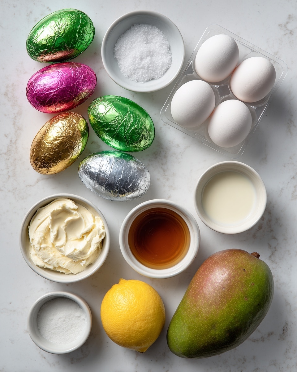 A white marbled surface holds several ingredients neatly arranged with labels in simple black text. On the left, there are seven Easter eggs wrapped in shiny foil with three pink, three green, and one silver egg. Next to them is a small white round bowl filled with salt. At the top right, a clear plastic carton holds six clean white eggs. Below the salt bowl, a white bowl contains golden-brown vanilla extract, and next to it is a white bowl with cream. To the left side near the bottom are two white bowls, one filled with castor sugar, and the other with cream cheese showing a creamy texture with some scooped-out parts. At the bottom center are two citrus fruits labeled lemons, one yellow and one green, and on the bottom left side an unpeeled whole mango with green and brown skin rests. The whole setup is clean, bright, and orderly on the white marbled texture. photo taken with an iphone --ar 4:5 --v 7
