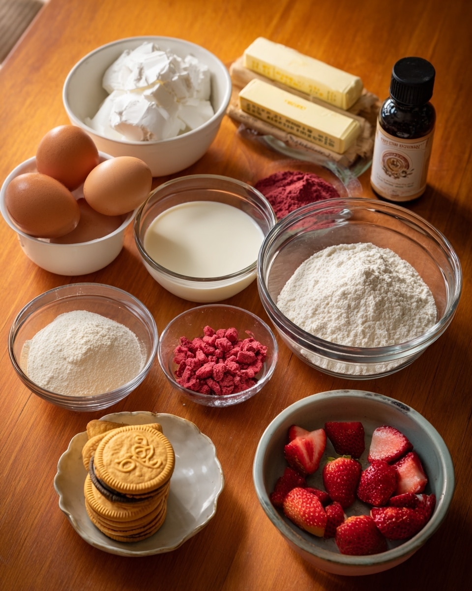 The image shows ingredients for baking arranged neatly on a wooden table with a warm tone. There are two eggs placed near three sticks of butter wrapped in paper. A white bowl filled with white granulated sugar sits next to clear glass bowls holding milk, vanilla, fresh chopped strawberries, and freeze-dried strawberry pieces. Another white bowl contains a mixture of all-purpose flour, baking powder, baking soda, and salt. There is also a smaller white bowl with sour cream. Golden Oreos are stacked inside a clear glass bowl. A bottle of strawberry extract is placed next to the bowls, and a large pink bag of powdered sugar lies on the table. Each item is labeled with clear white tags with black text. The photo taken with an iphone --ar 4:5 --v 7