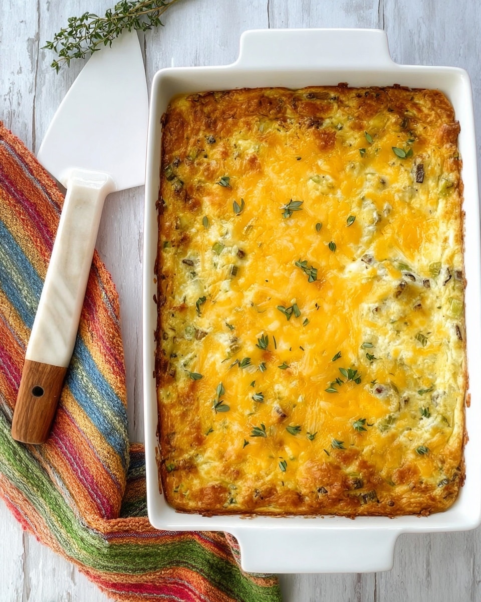 A white rectangular baking dish filled with a golden brown casserole topped with melted yellow cheese and small green herb leaves scattered on top. The casserole shows a textured, slightly crispy cheese layer with some hints of green vegetables and creamy layers beneath. The dish is placed on a white marbled surface next to a white and wood-colored cake server with a colorful striped cloth nearby. Photo taken with an iphone --ar 4:5 --v 7