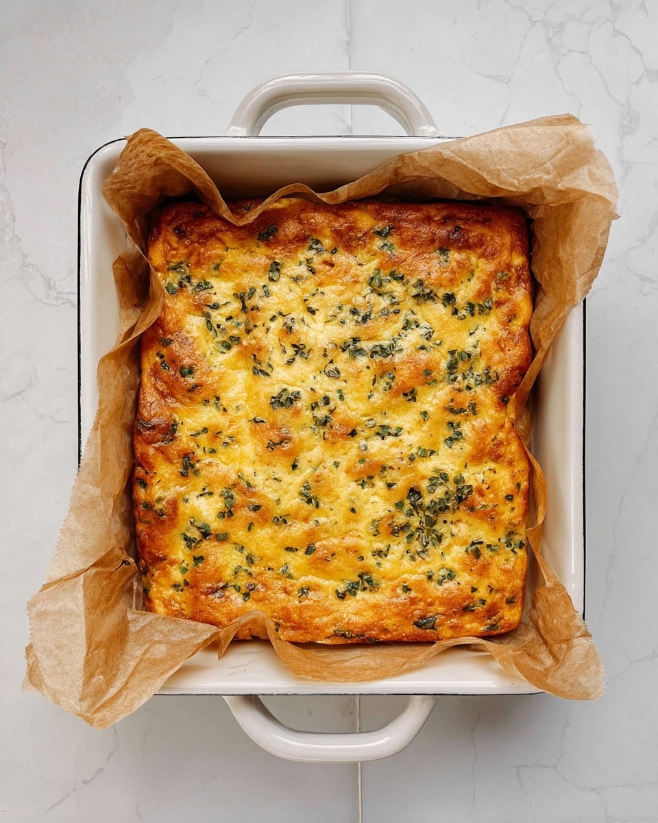 The image shows a square baked dish placed inside a white ceramic baking tray with handles on two sides. The food has one layer, which is golden brown with a slightly crispy texture on top, speckled with small green herb leaves evenly spread across the surface. The baked item sits on a layer of light brown parchment paper that lines the tray, with edges slightly crumpled around the food. The tray is set on a white marbled surface, creating a clean and simple background. photo taken with an iphone --ar 4:5 --v 7