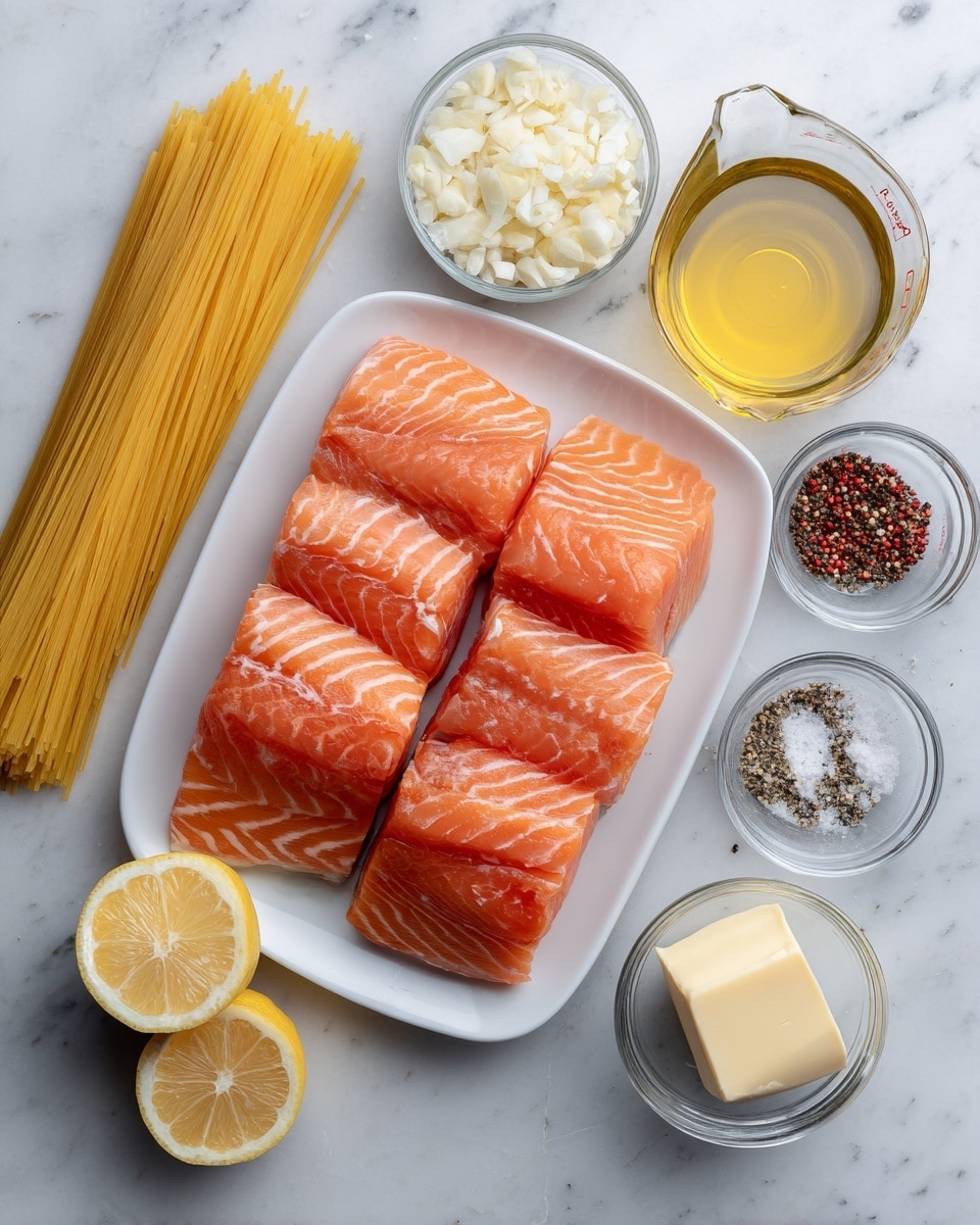The image shows raw ingredients arranged neatly on a white marbled surface. In the center, there is a white rectangular plate holding many pieces of orange salmon with clear white fat lines and smooth texture. On the left side, there is a bundle of uncooked yellow pasta strands laid out vertically, next to a small glass bowl of chopped white garlic and a clear bottle filled with golden olive oil. Above the salmon plate, a small glass bowl contains dark red flakes of pepper. On the upper right side, there is a clear glass measuring cup filled with yellow chicken broth. Below this, there are two small glass bowls with finely ground black pepper and white salt. Near the bottom right corner, a glass bowl holds a square of light yellow butter. Finally, at the bottom left, two lemon halves with pale yellow flesh are positioned side by side. photo taken with an iphone --ar 4:5 --v 7