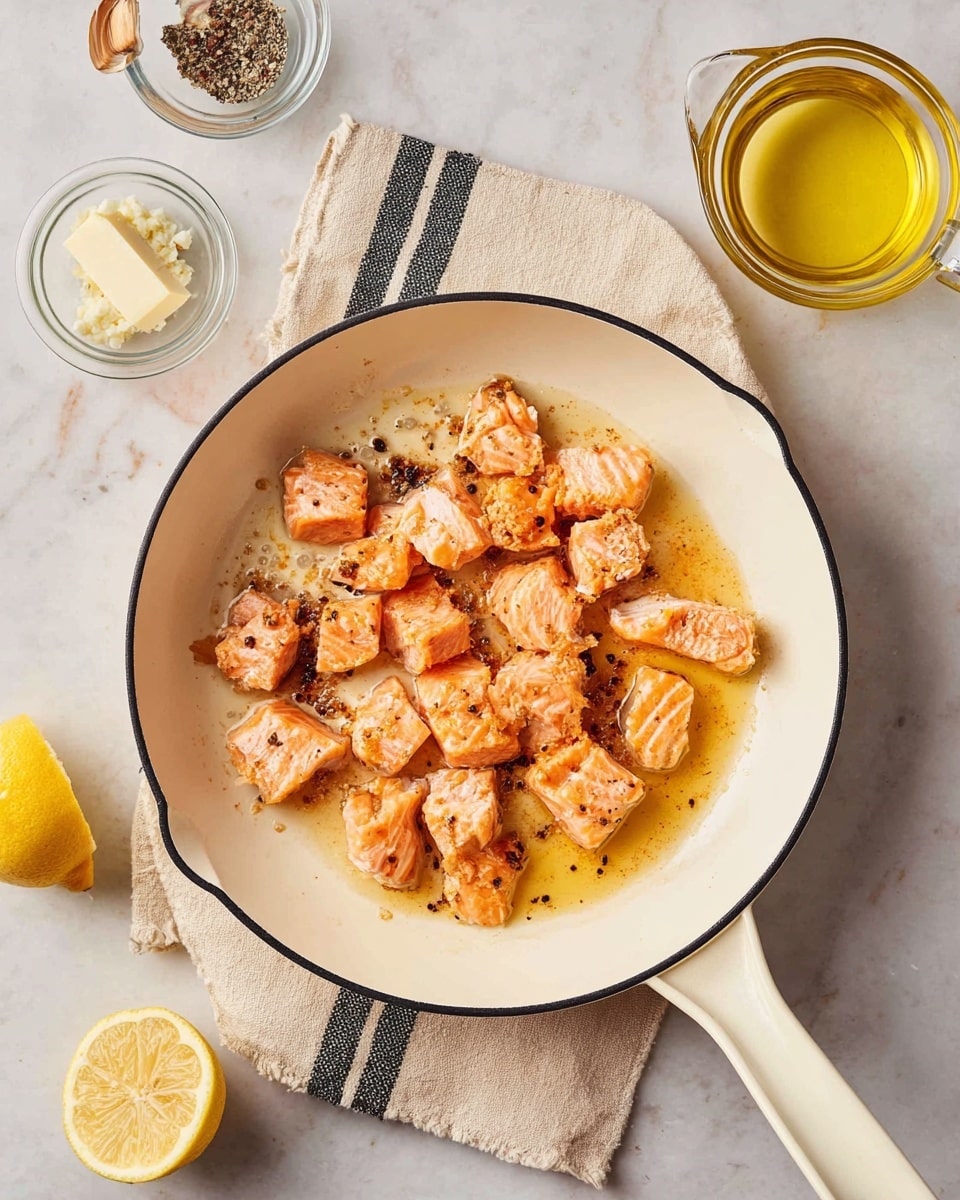 The image shows a white pan with a black rim and handle filled with small pieces of cooked salmon. The salmon pieces have a light orange color with some crispy browned edges, sitting in a light brown sauce or oil. Around the pan, on a white marbled surface, there is a beige cloth with black stripes under the pan's handle, half a lemon cut in two at the bottom left, a small glass bowl with a cube of butter, a small bowl of minced garlic, a glass jug filled with yellow cooking oil, and a small bowl of ground black pepper. The photo taken with an iphone --ar 4:5 --v 7