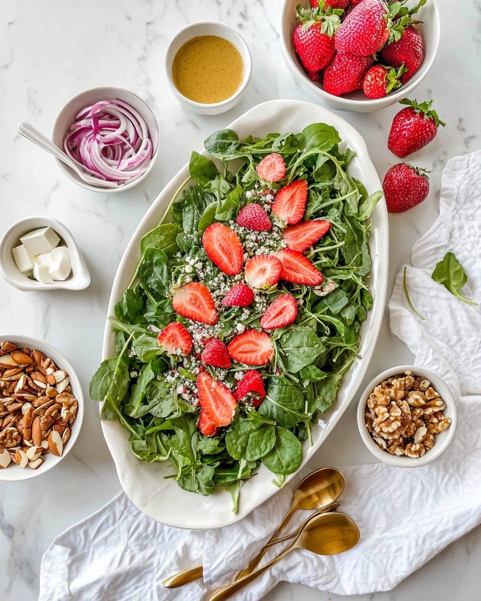 A large white oval dish holds a fresh salad with a base layer of dark green spinach leaves and light green arugula spread evenly across it. Bright red strawberry halves and whole strawberries are scattered on top, adding contrast and color. Around the dish on a white marbled surface are small white bowls containing sliced almonds, chopped red onions, crumbled cheese, and walnut pieces, as well as a white salt container with a golden spoon and a white bowl with mustard-colored dressing and a silver spoon. Three whole strawberries and a white folded cloth are also visible. Photo taken with an iphone --ar 4:5 --v 7